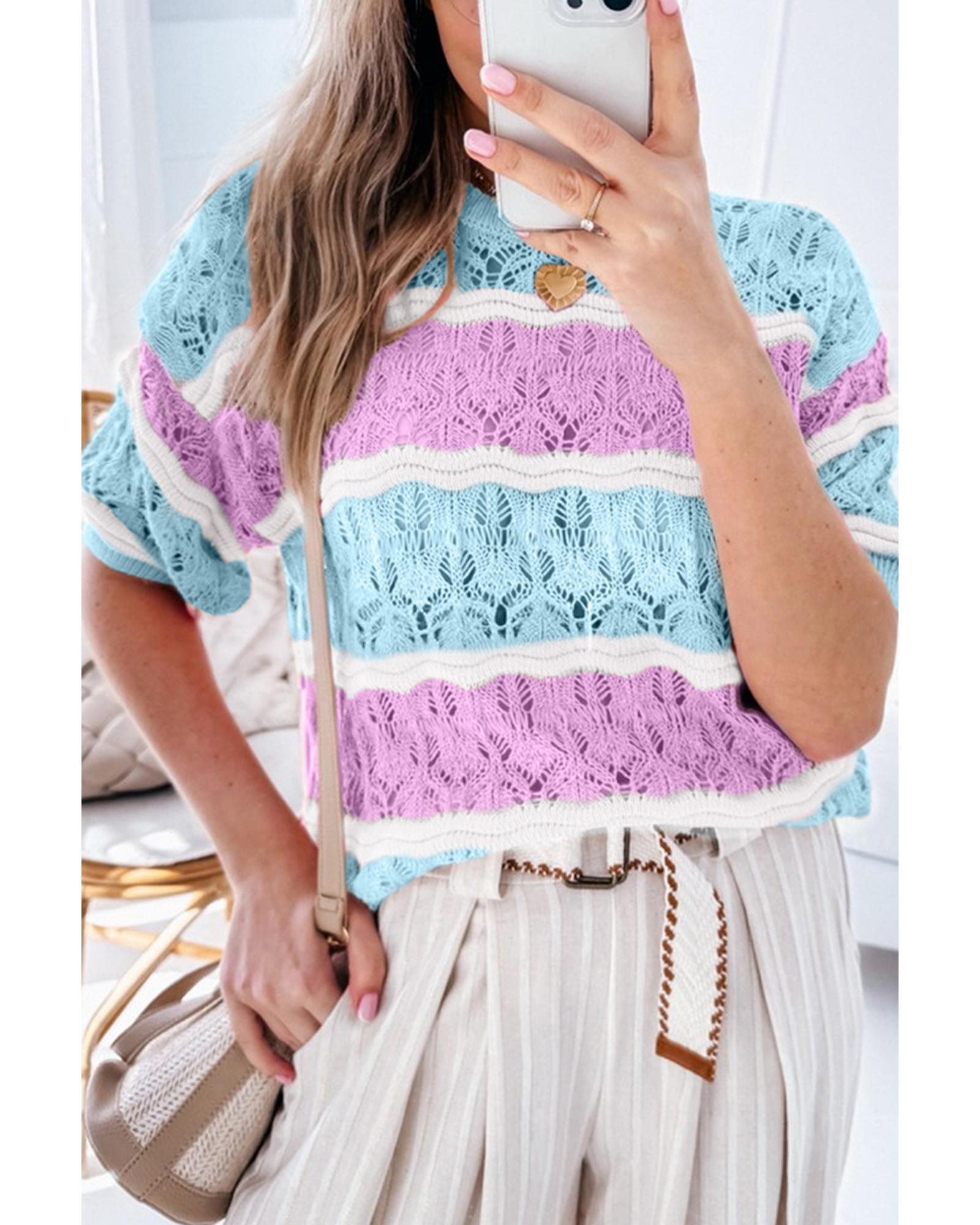 Purple Stripe Color Block Hollow Out Crochet Half Sleeve Sweater - M