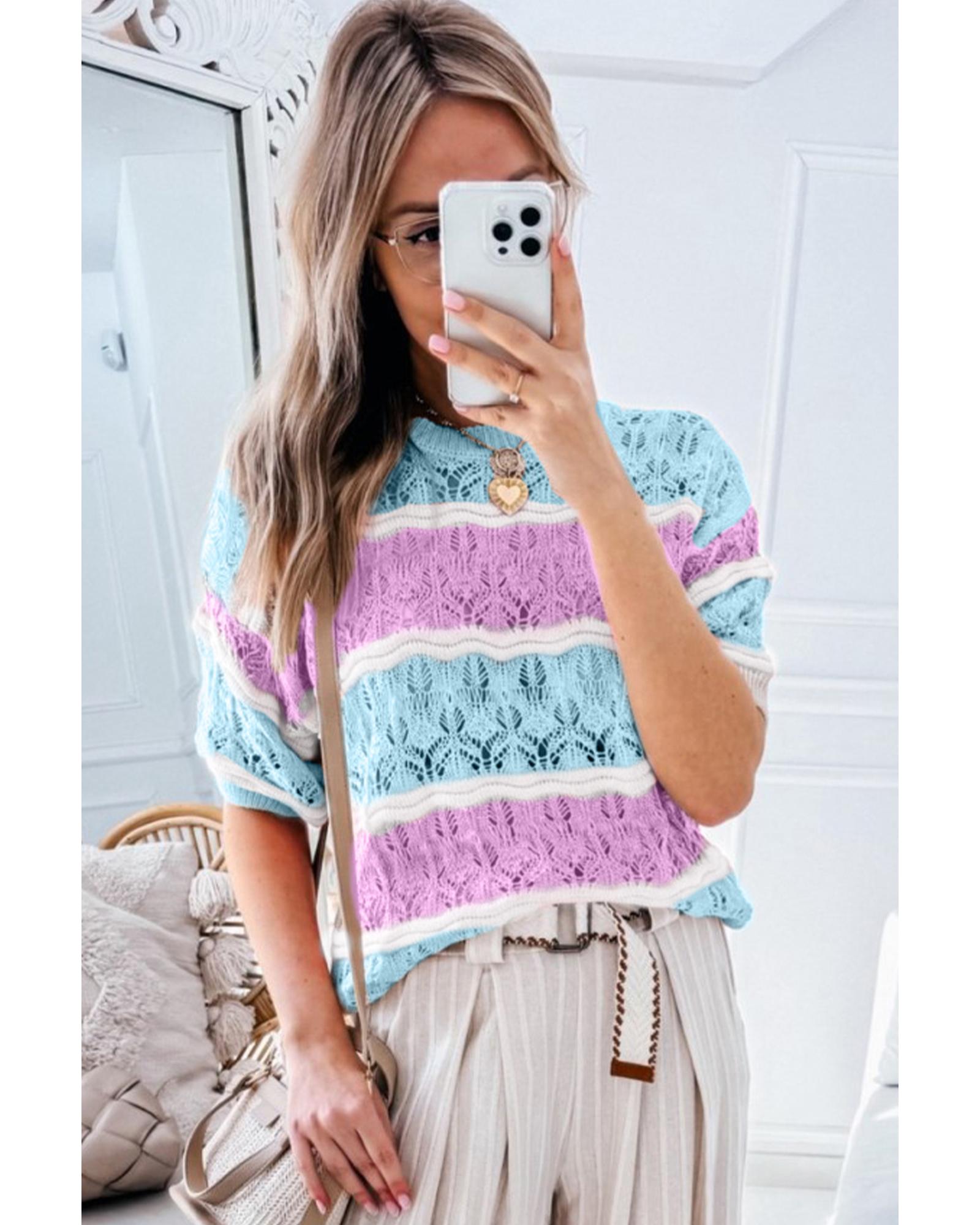 Purple Stripe Color Block Hollow Out Crochet Half Sleeve Sweater - M