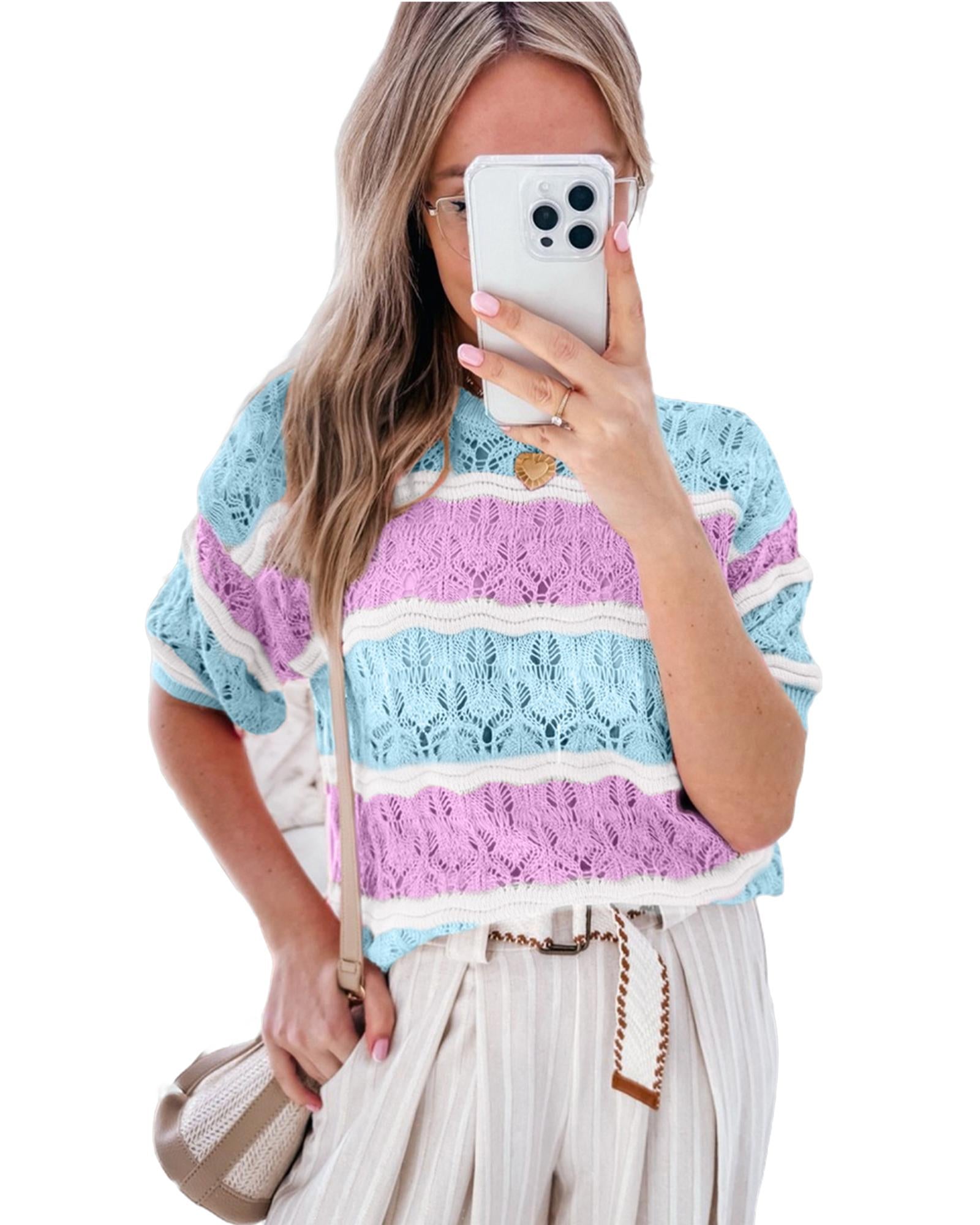 Purple Stripe Color Block Hollow Out Crochet Half Sleeve Sweater - M