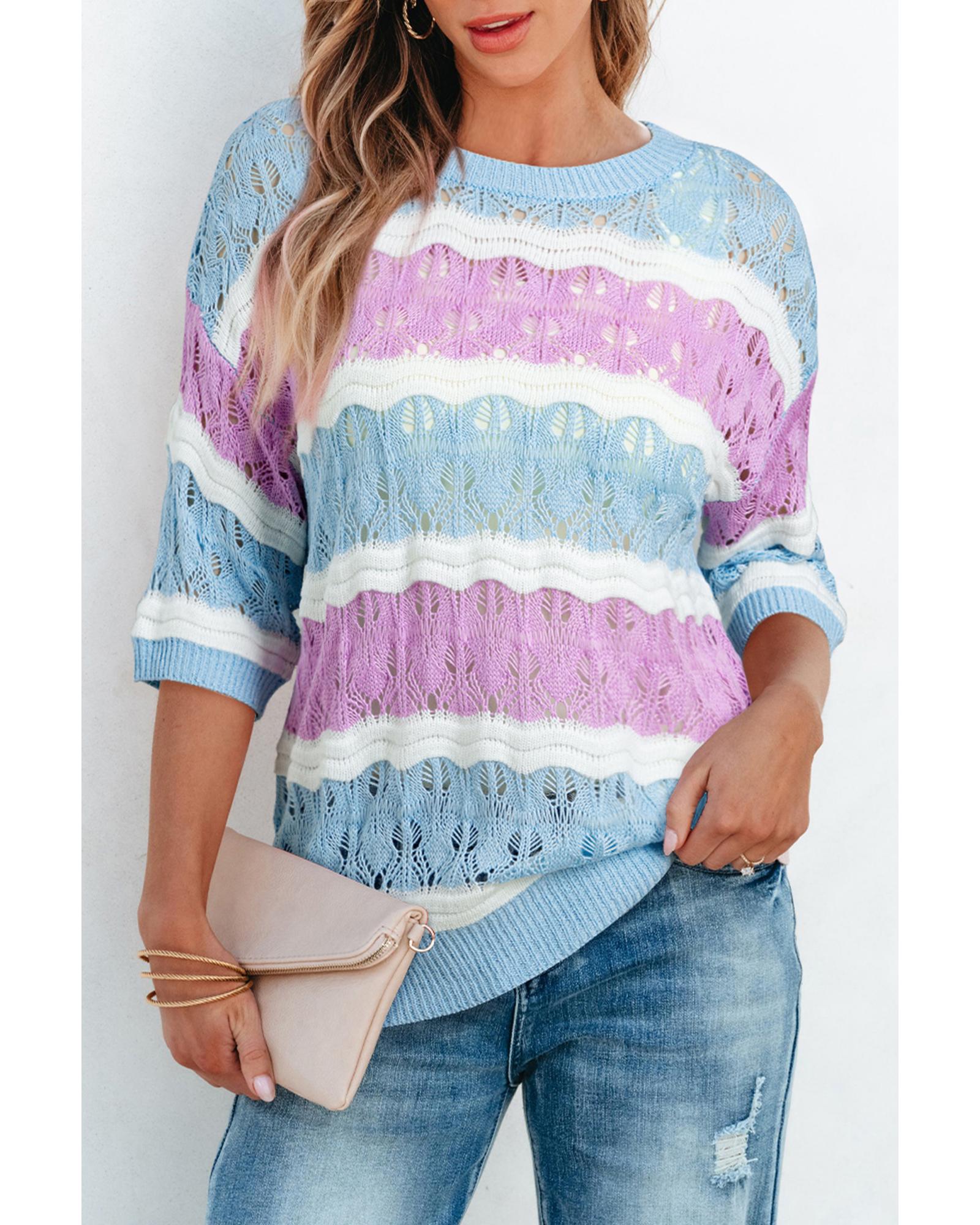 Purple Stripe Color Block Hollow Out Crochet Half Sleeve Sweater - XL