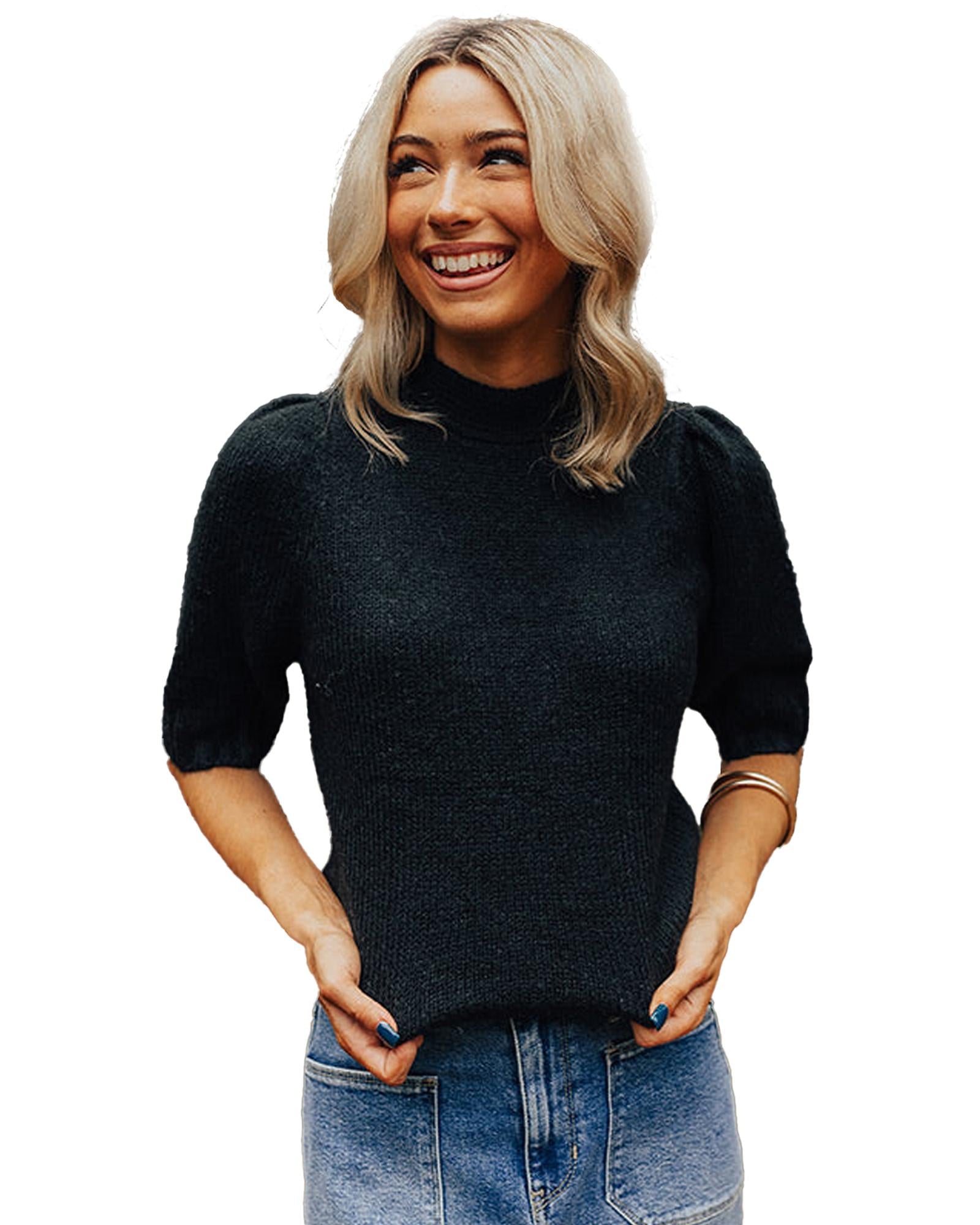 Black Knotted Keyhole Nape Short Sleeve Knit Sweater - L