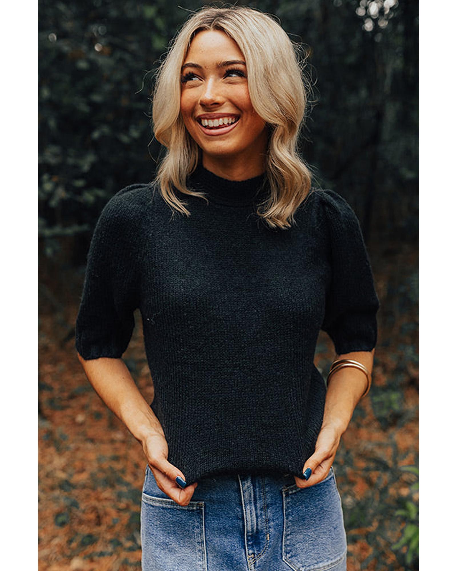 Black Knotted Keyhole Nape Short Sleeve Knit Sweater - L