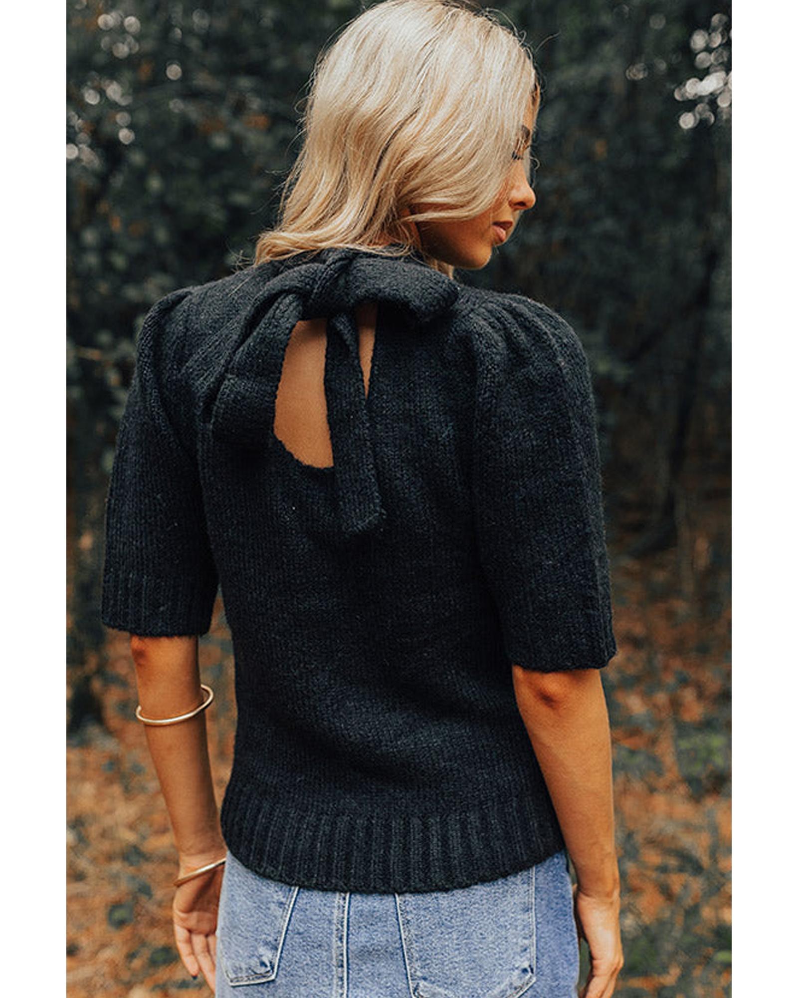 Black Knotted Keyhole Nape Short Sleeve Knit Sweater - S