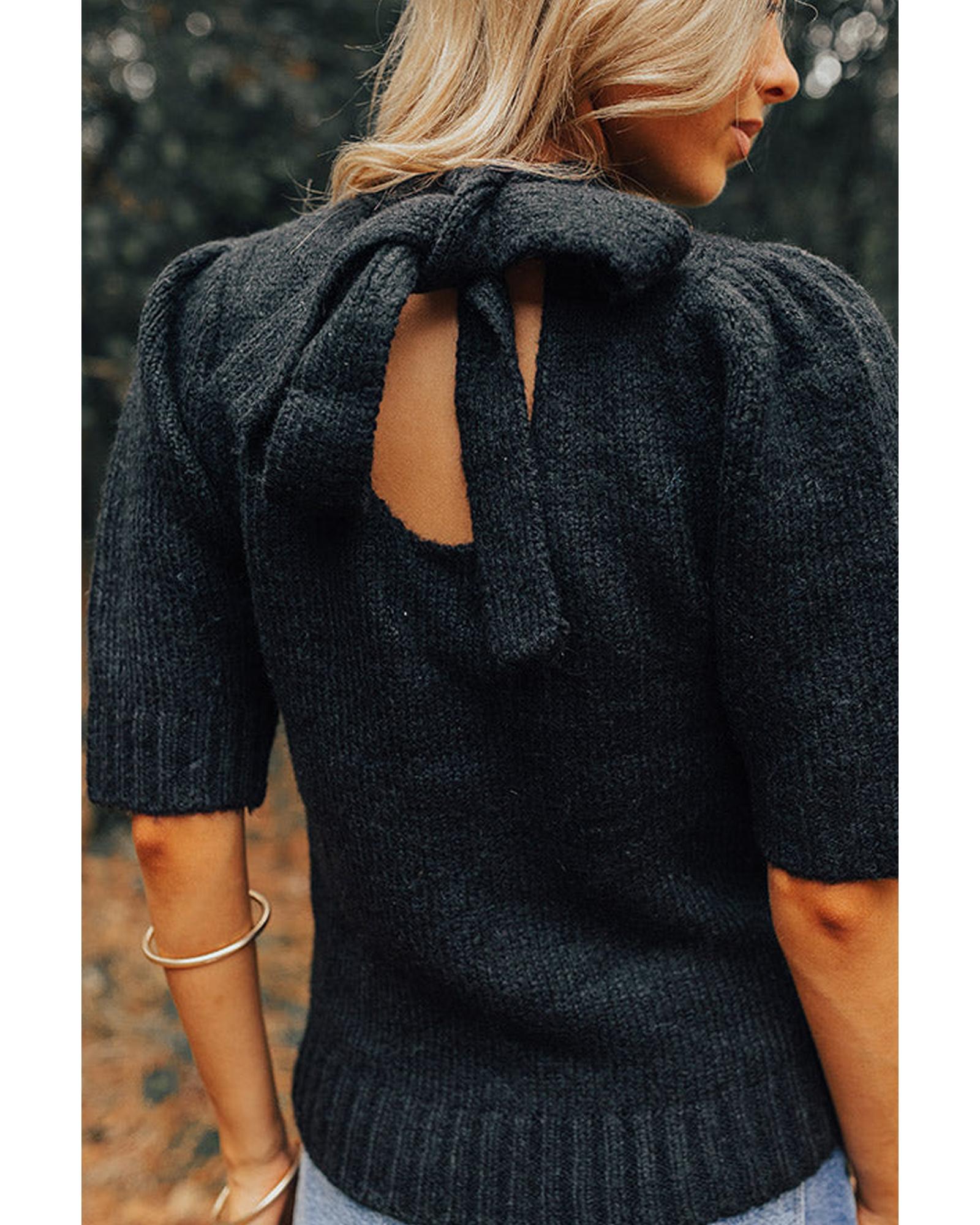 Black Knotted Keyhole Nape Short Sleeve Knit Sweater - S