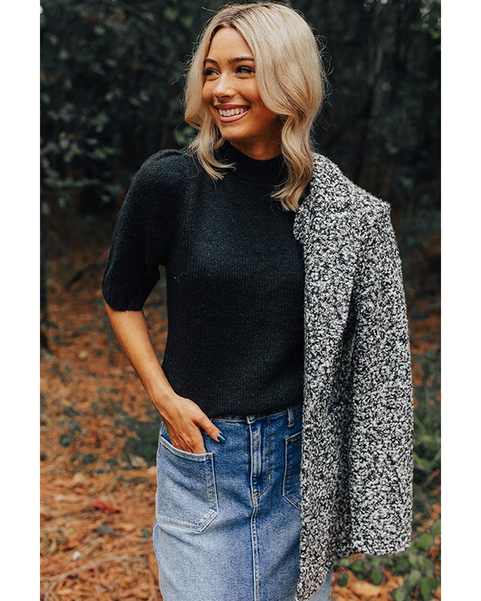 Black Knotted Keyhole Nape Short Sleeve Knit Sweater - S