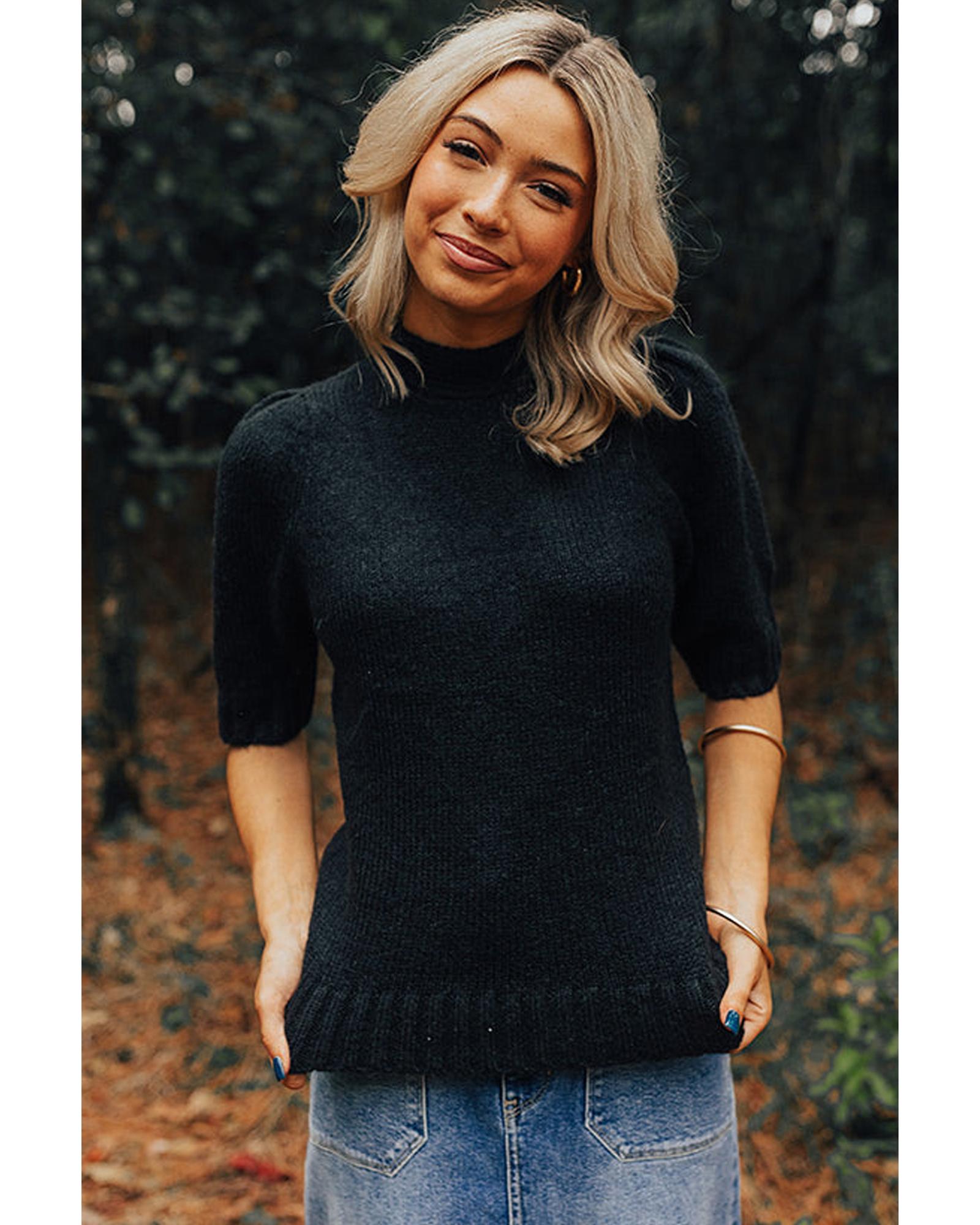 Black Knotted Keyhole Nape Short Sleeve Knit Sweater - S