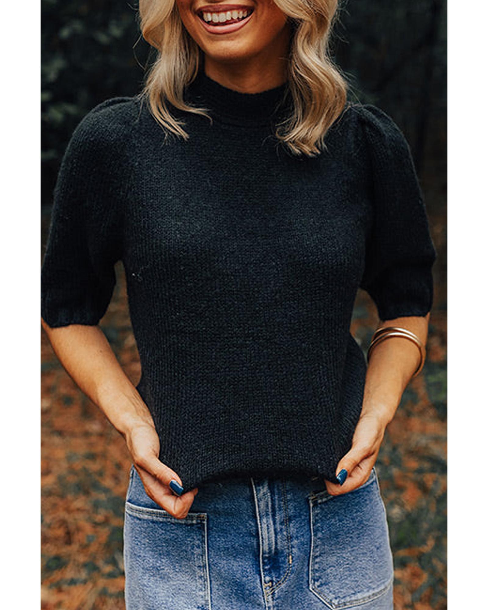 Black Knotted Keyhole Nape Short Sleeve Knit Sweater - S