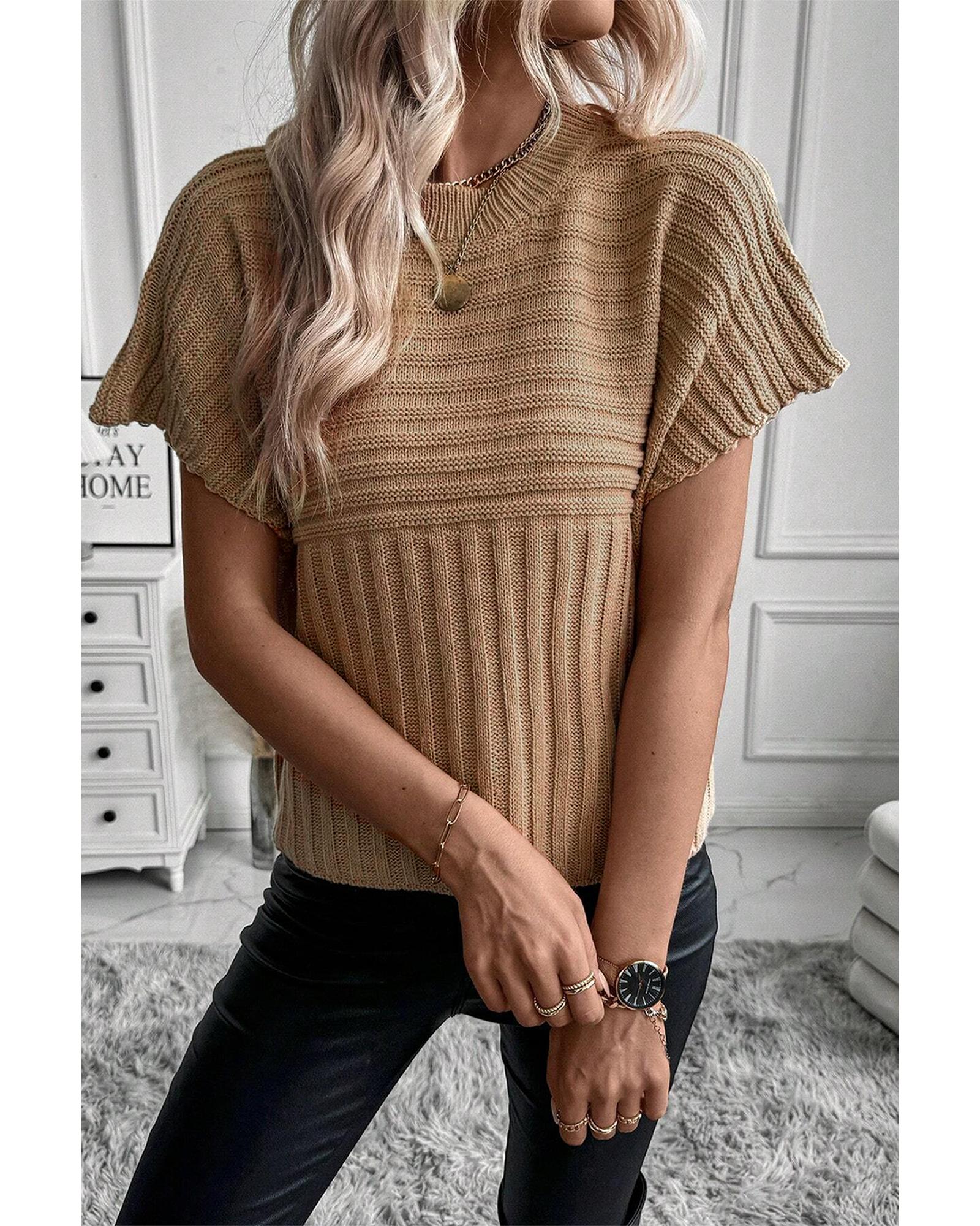 Light French Beige Rib Knitted Wide Sleeve Sweater T Shirt - L