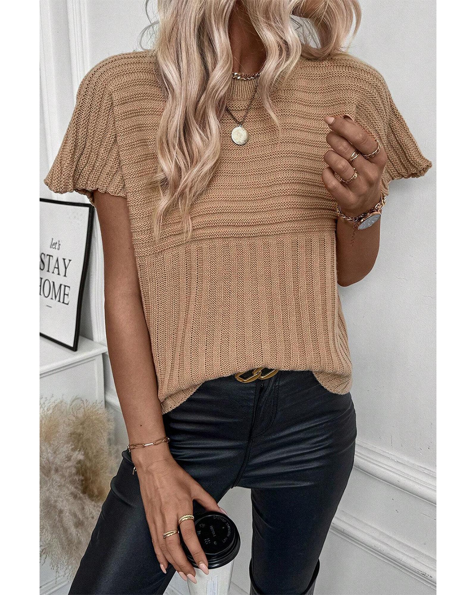 Light French Beige Rib Knitted Wide Sleeve Sweater T Shirt - L