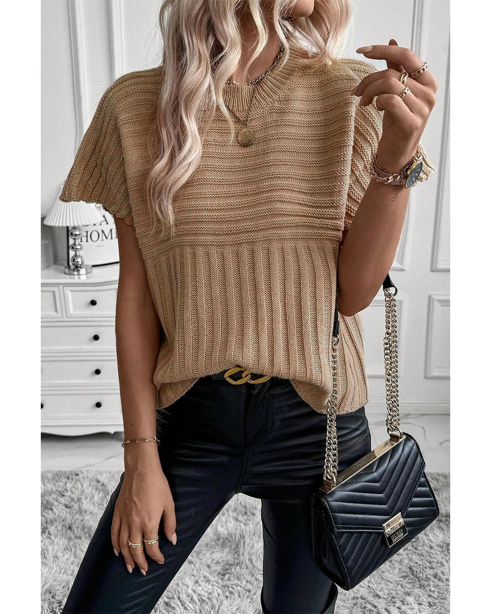 Light French Beige Rib Knitted Wide Sleeve Sweater T Shirt - L
