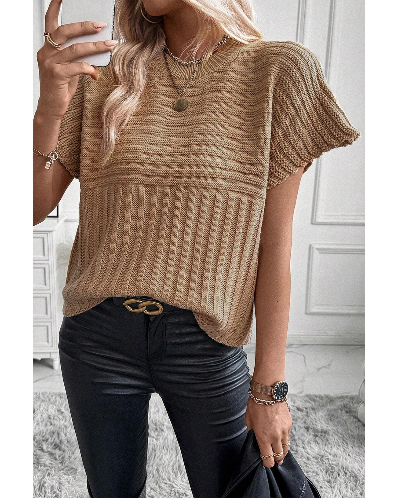 Light French Beige Rib Knitted Wide Sleeve Sweater T Shirt - L