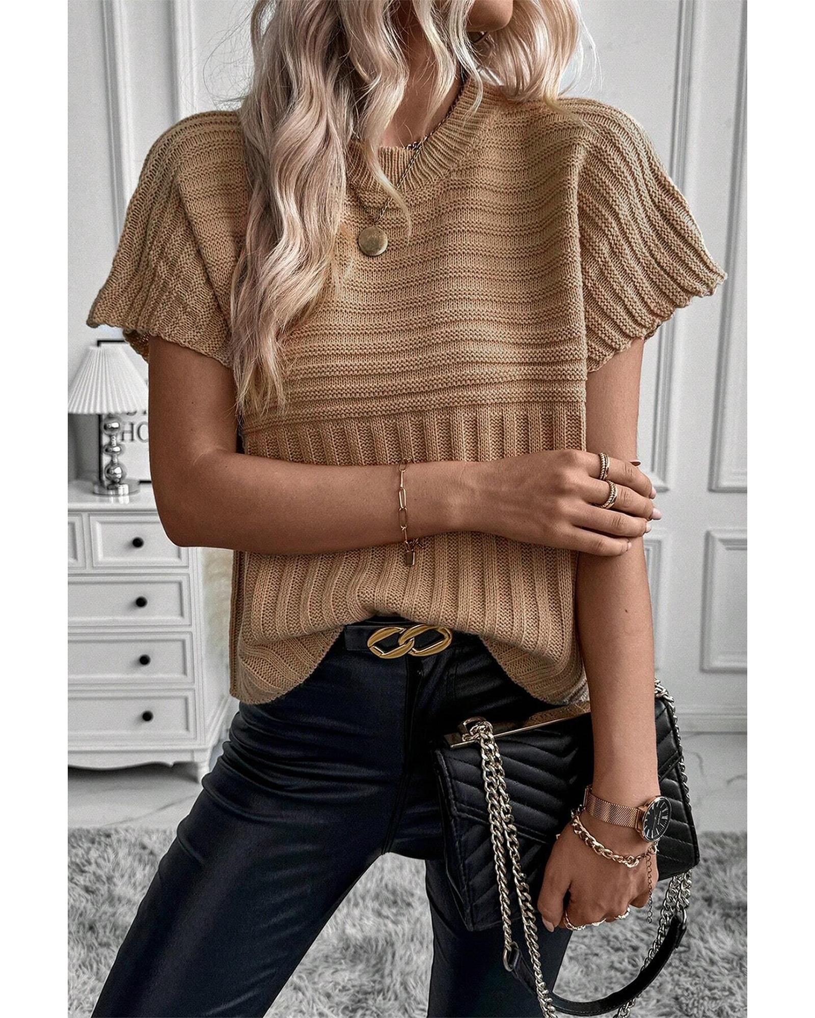Light French Beige Rib Knitted Wide Sleeve Sweater T Shirt - XL