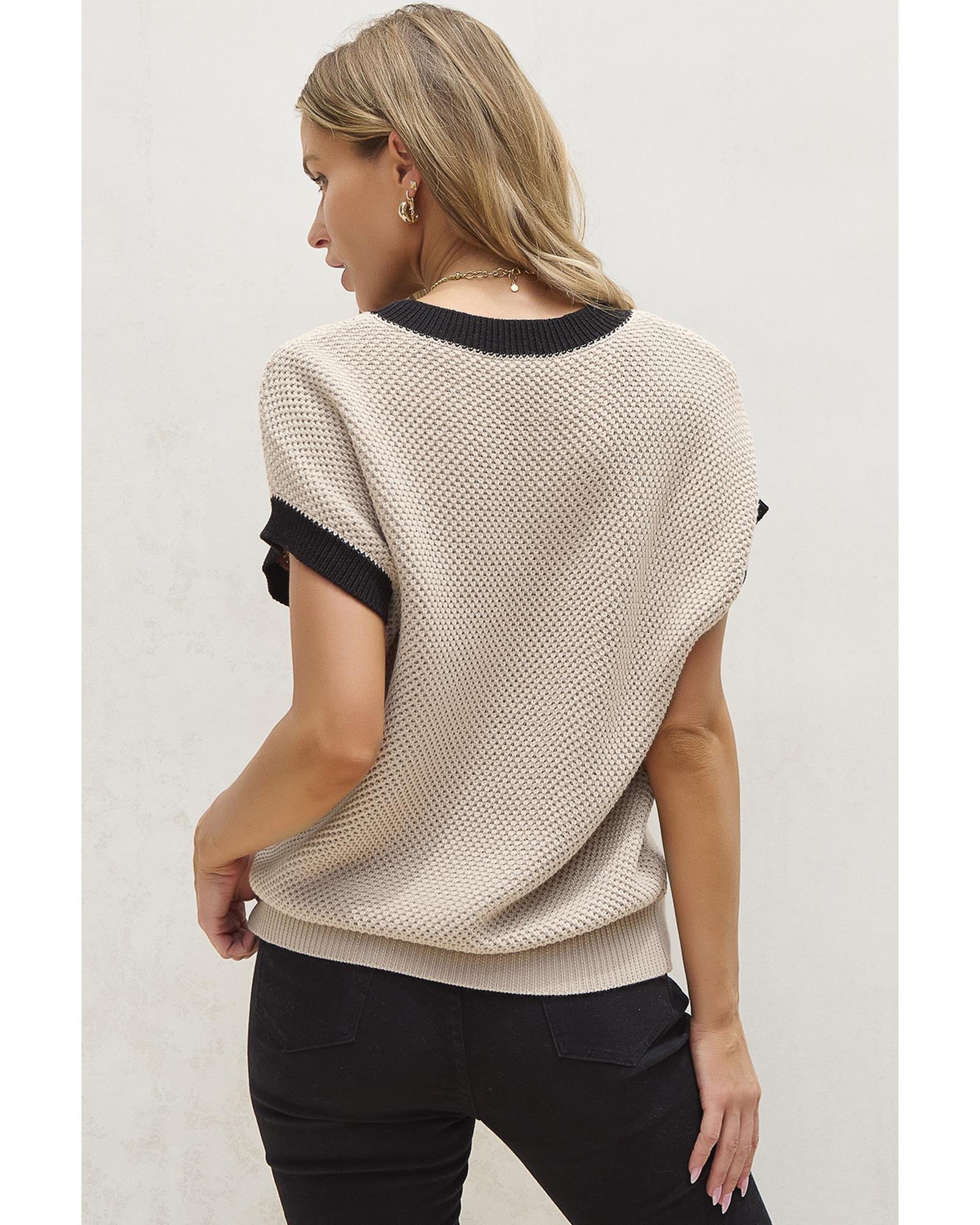 Light French Beige Contrast Trim Round Neck Batwing Sleeve Sweater Top - L