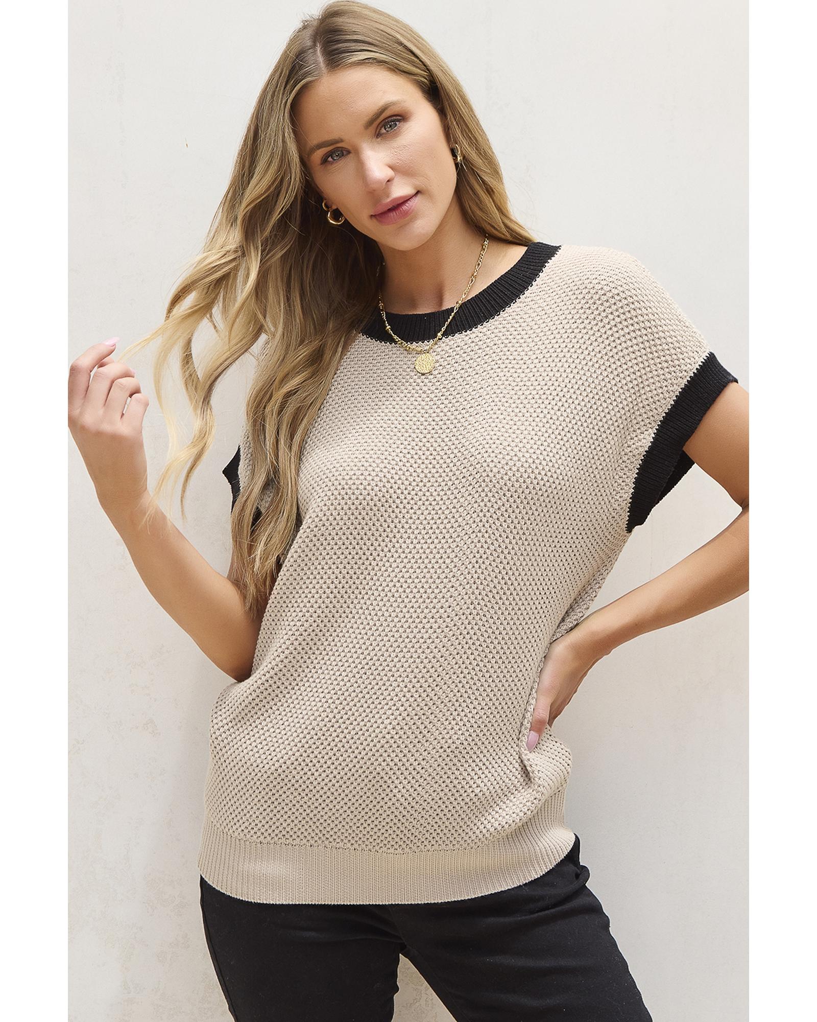 Light French Beige Contrast Trim Round Neck Batwing Sleeve Sweater Top - M