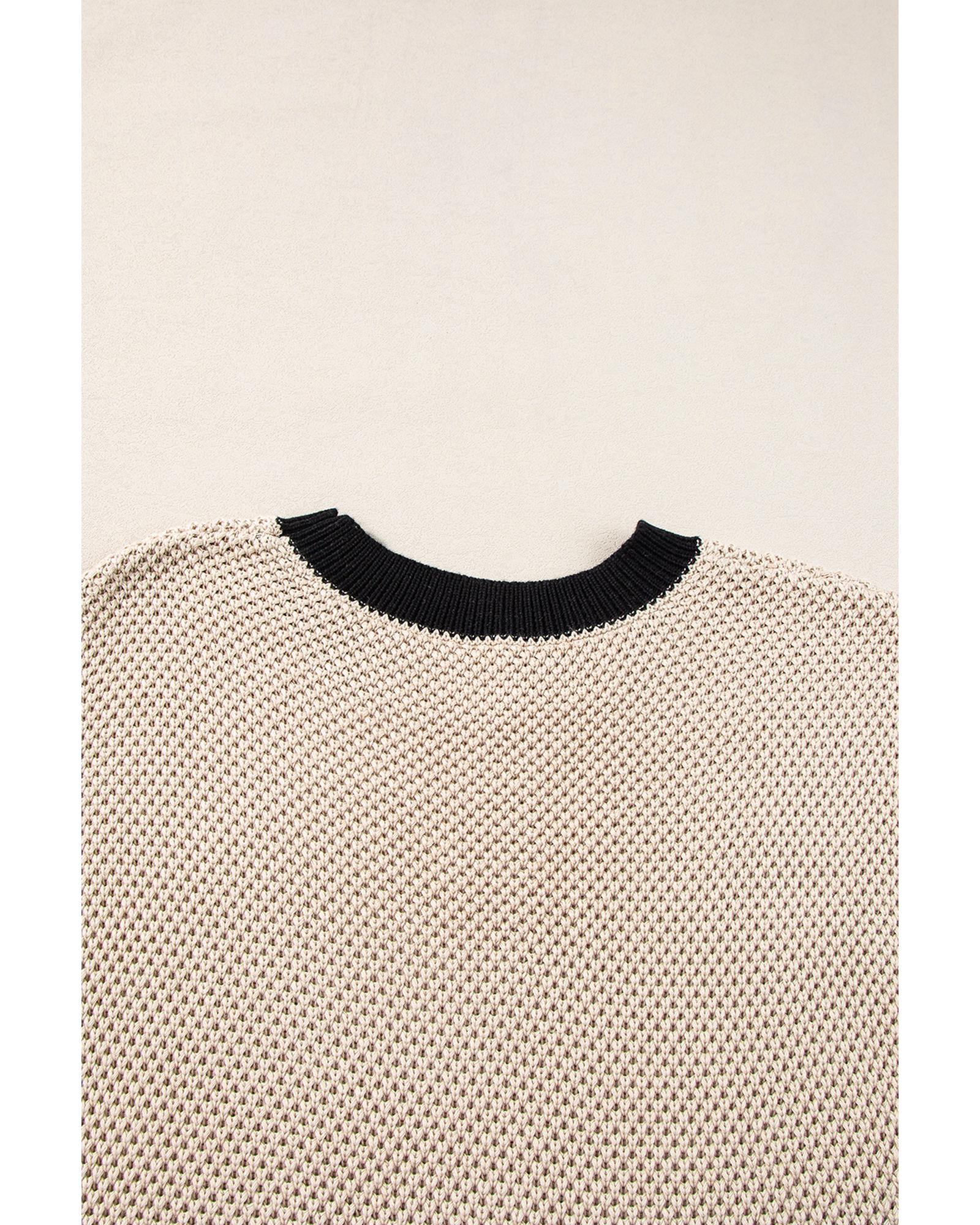 Light French Beige Contrast Trim Round Neck Batwing Sleeve Sweater Top - M