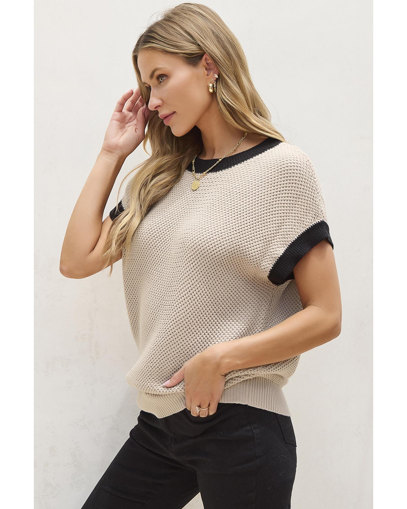 Light French Beige Contrast Trim Round Neck Batwing Sleeve Sweater Top - XL