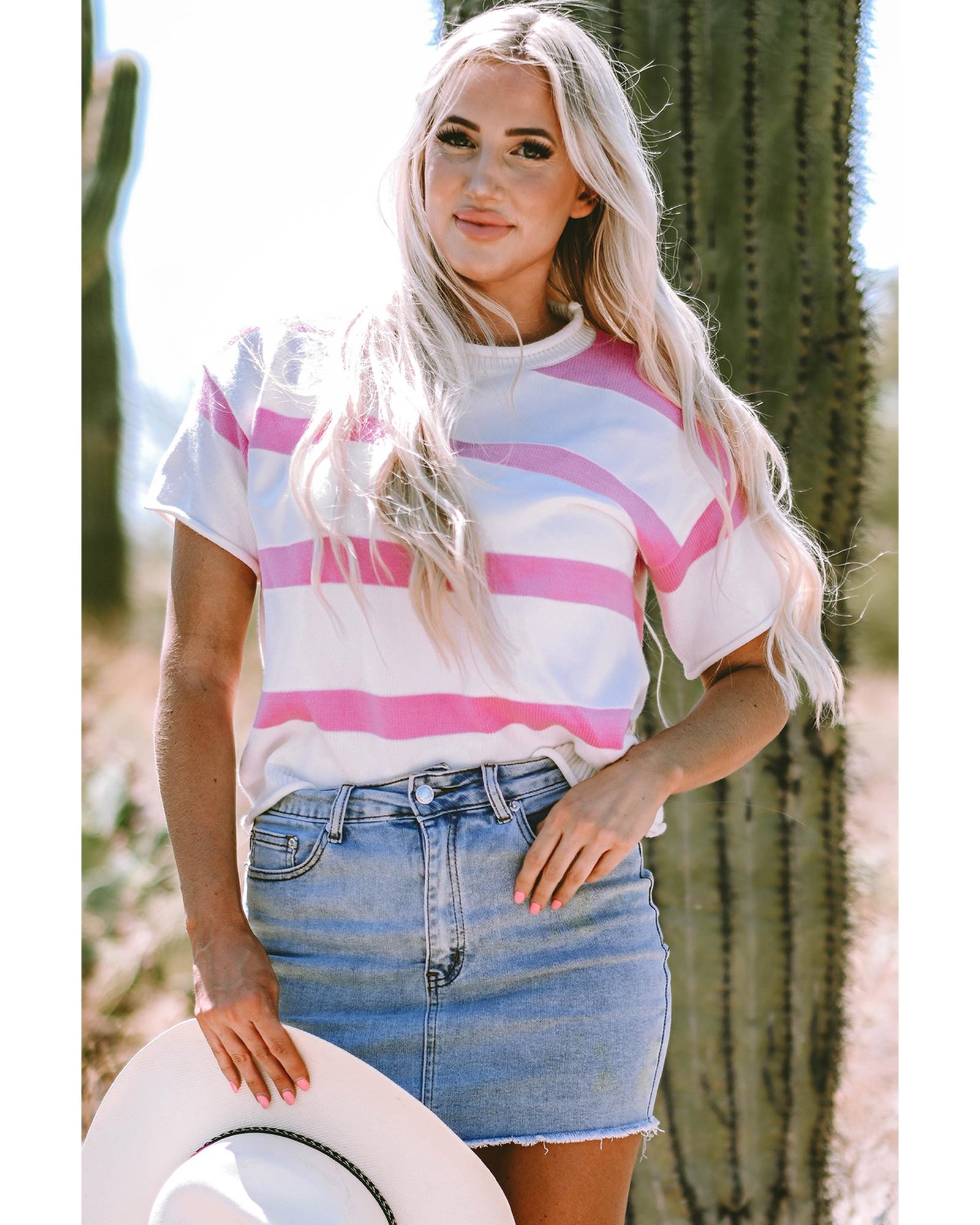 Pink Stripe Dropped Short Sleeve Lightweight Knitted Top - L