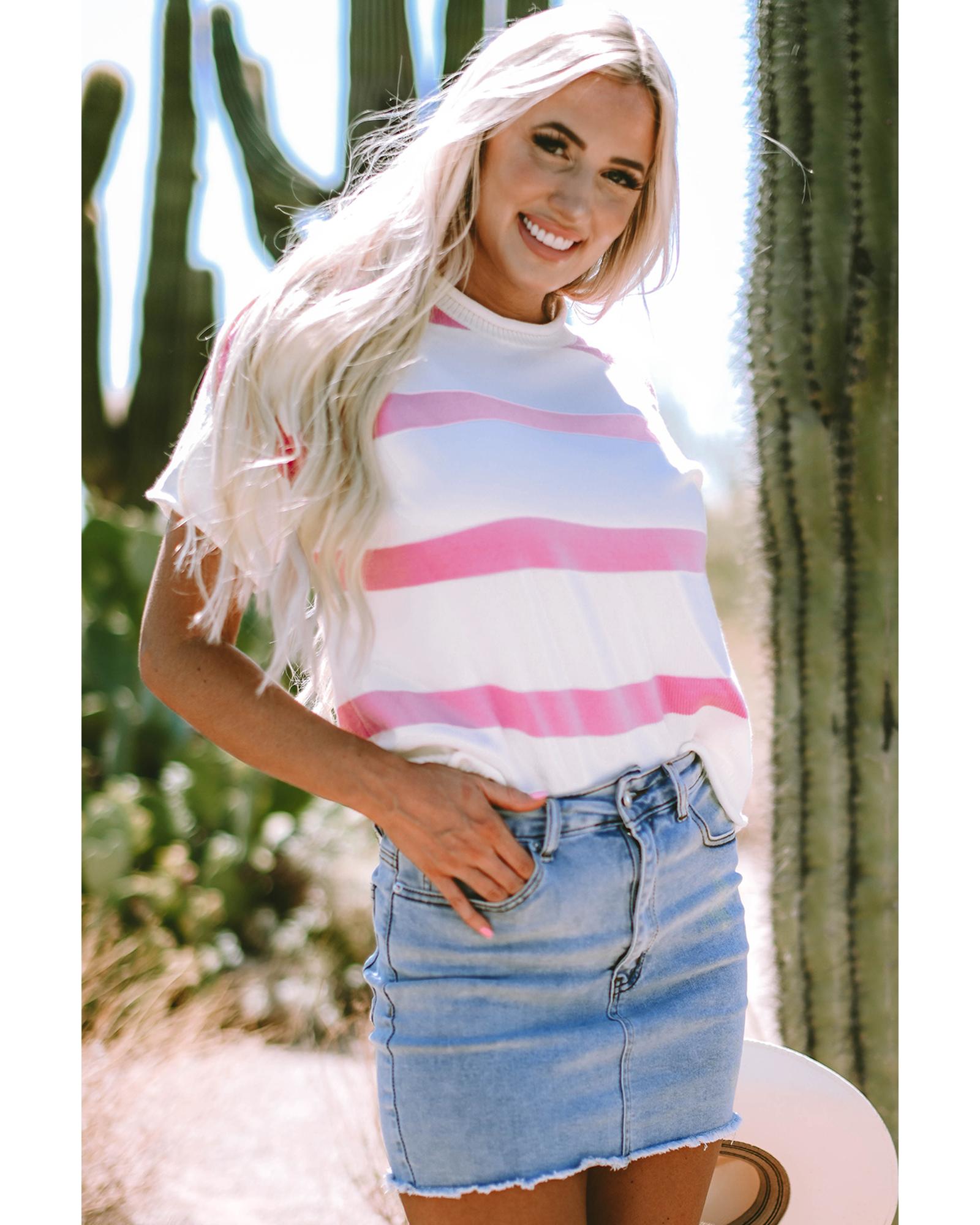 Pink Stripe Dropped Short Sleeve Lightweight Knitted Top - L