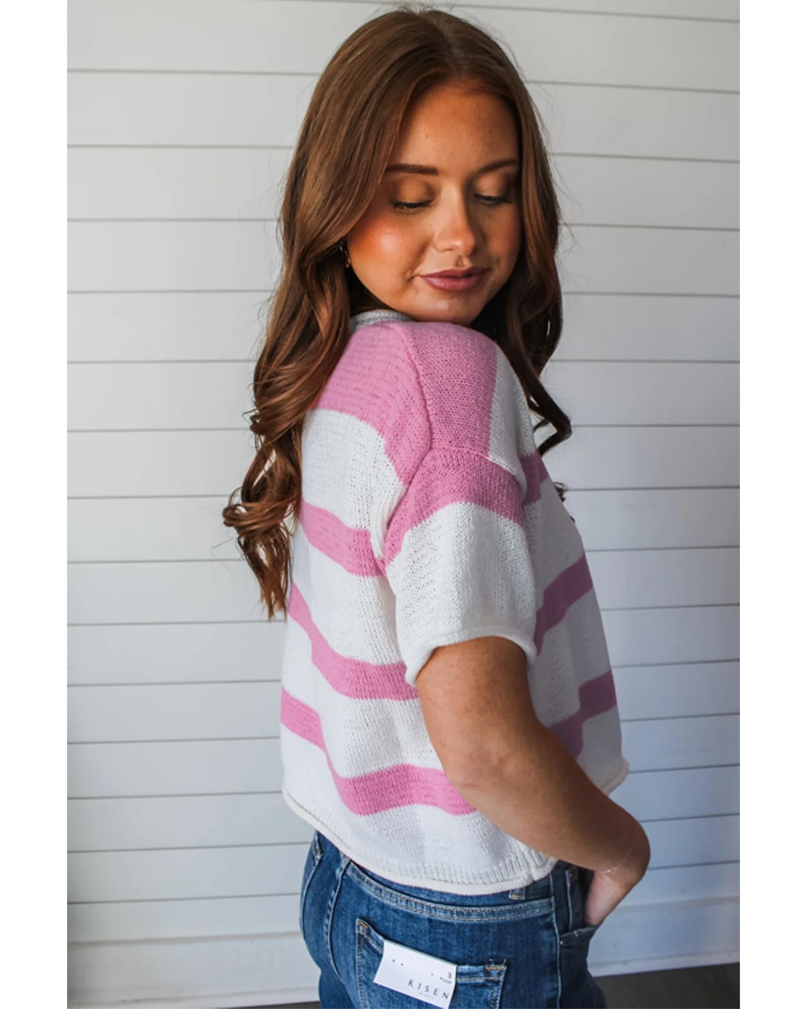 Pink Stripe Dropped Short Sleeve Lightweight Knitted Top - L