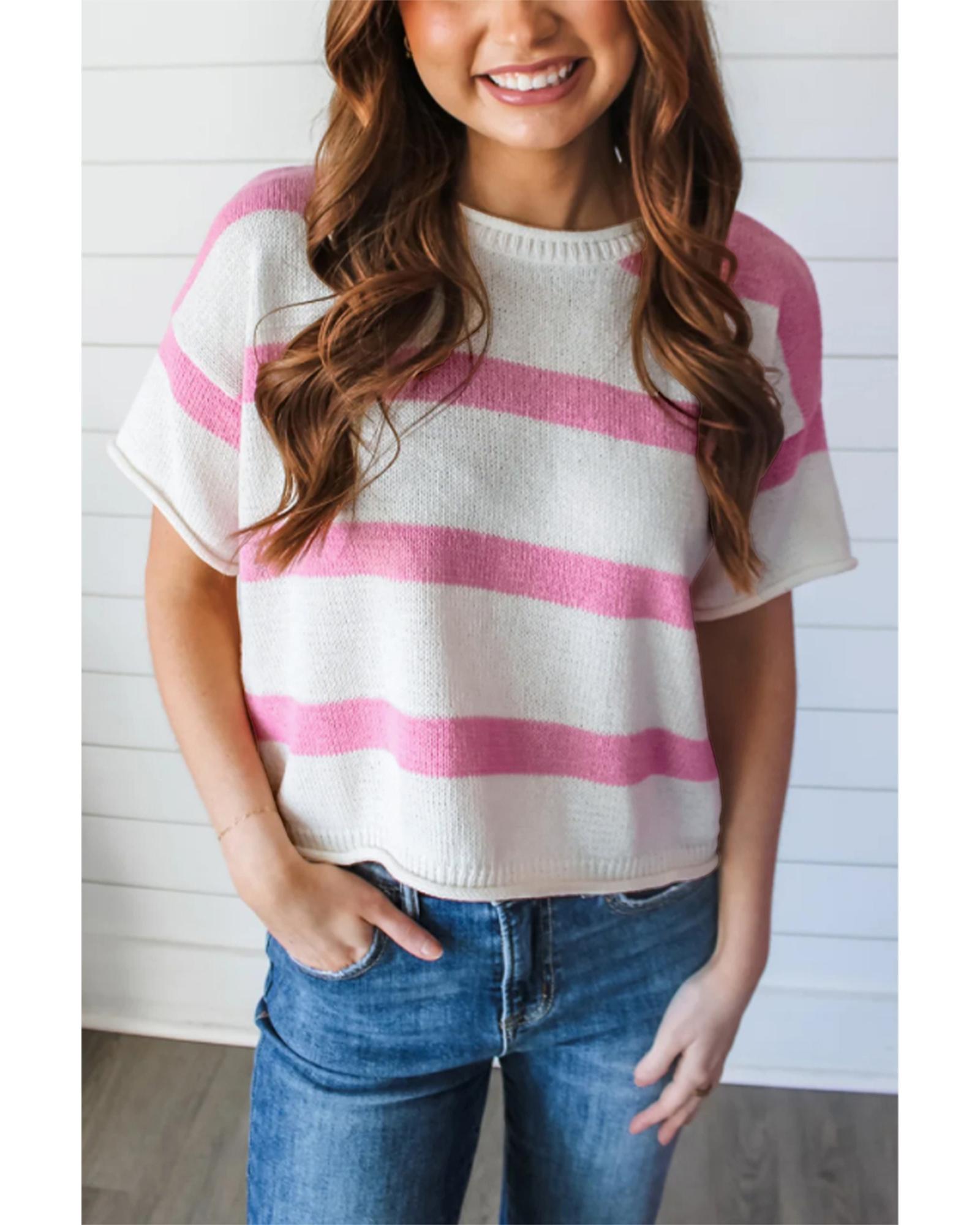 Pink Stripe Dropped Short Sleeve Lightweight Knitted Top - L