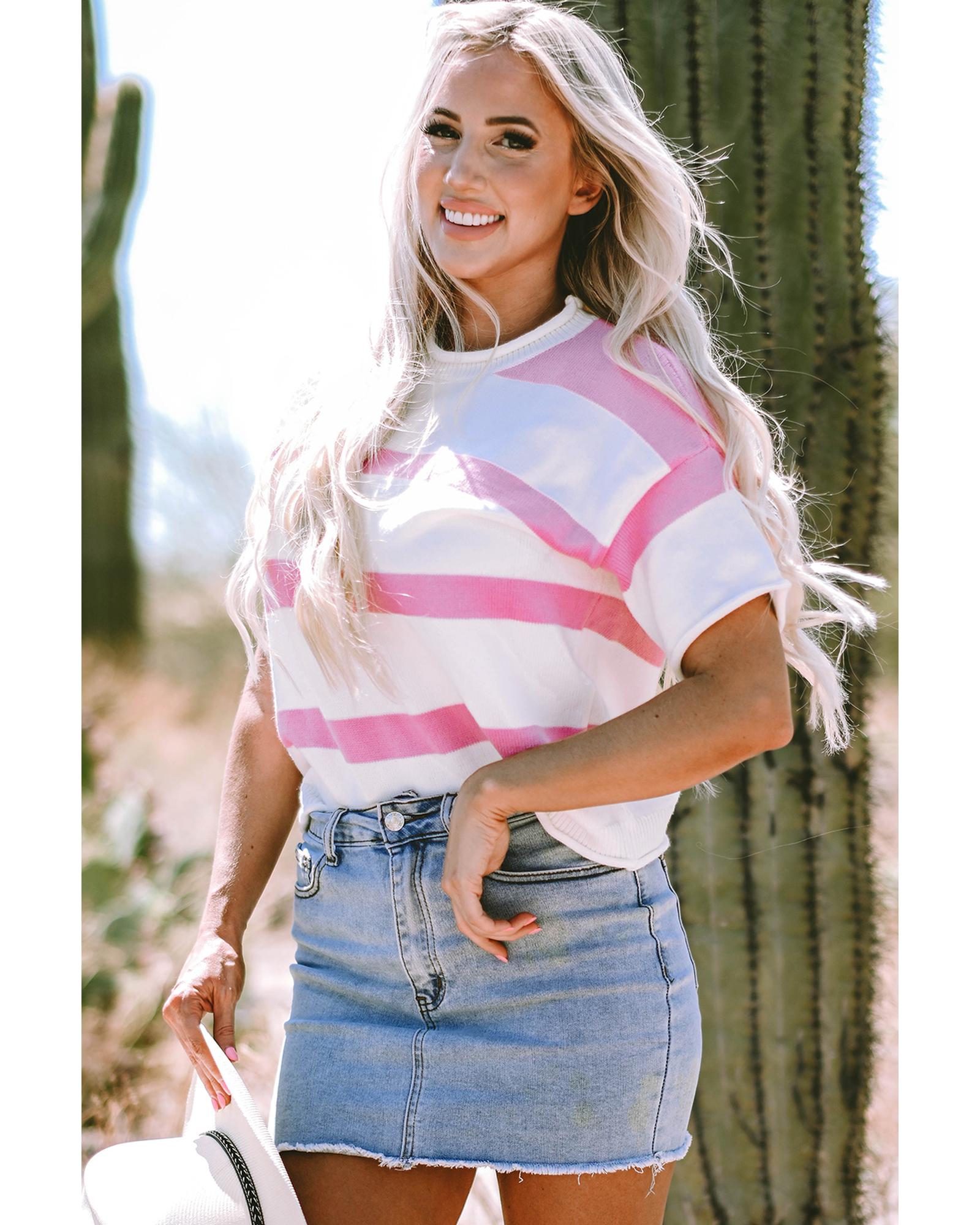 Pink Stripe Dropped Short Sleeve Lightweight Knitted Top - XL