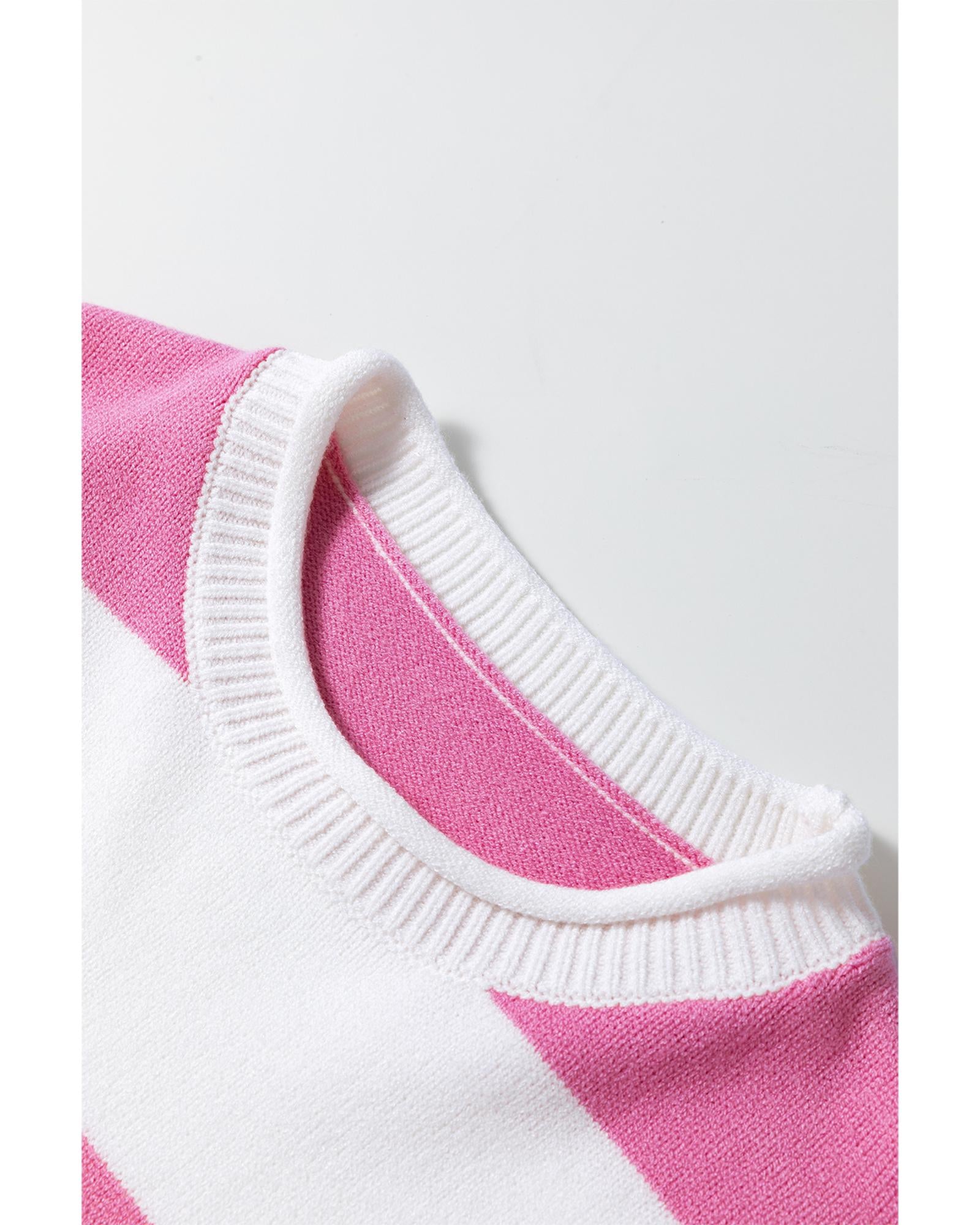 Pink Stripe Dropped Short Sleeve Lightweight Knitted Top - XL
