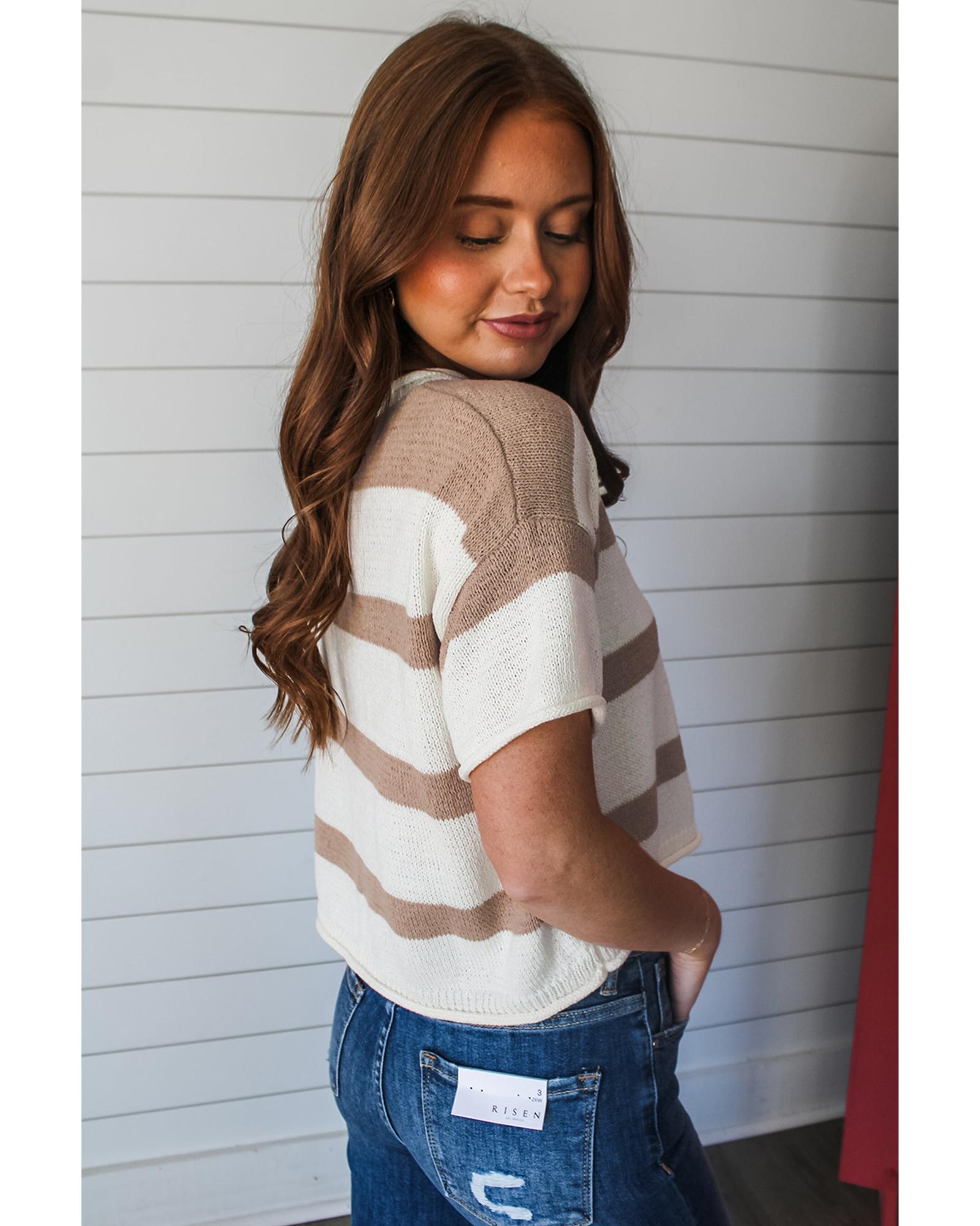 Khaki Stripe Dropped Short Sleeve Lightweight Knitted Top - L