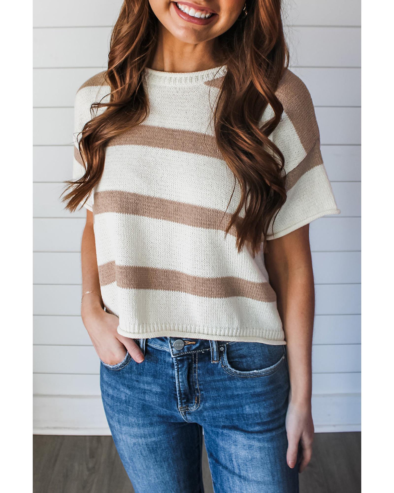 Khaki Stripe Dropped Short Sleeve Lightweight Knitted Top - L