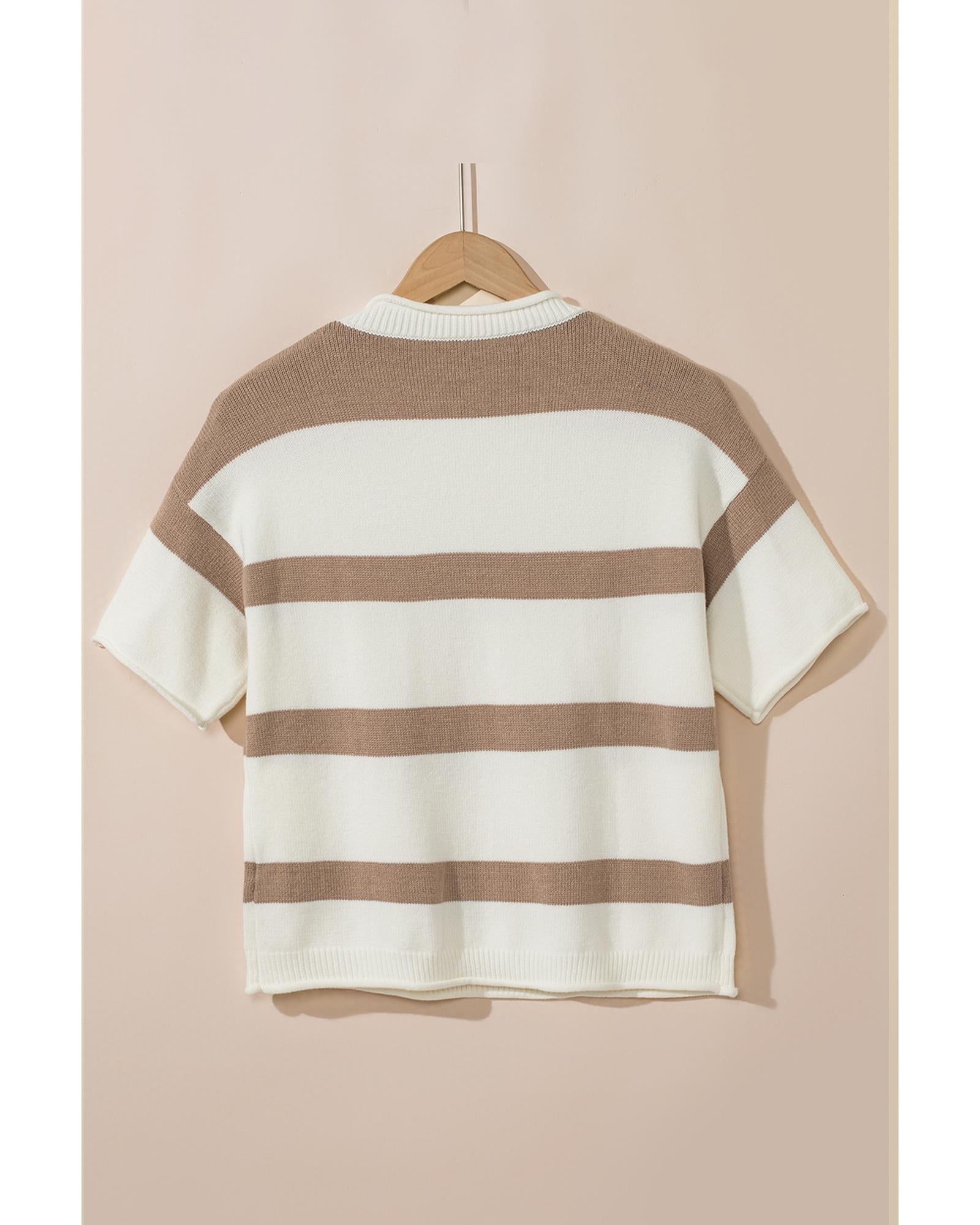 Khaki Stripe Dropped Short Sleeve Lightweight Knitted Top - L