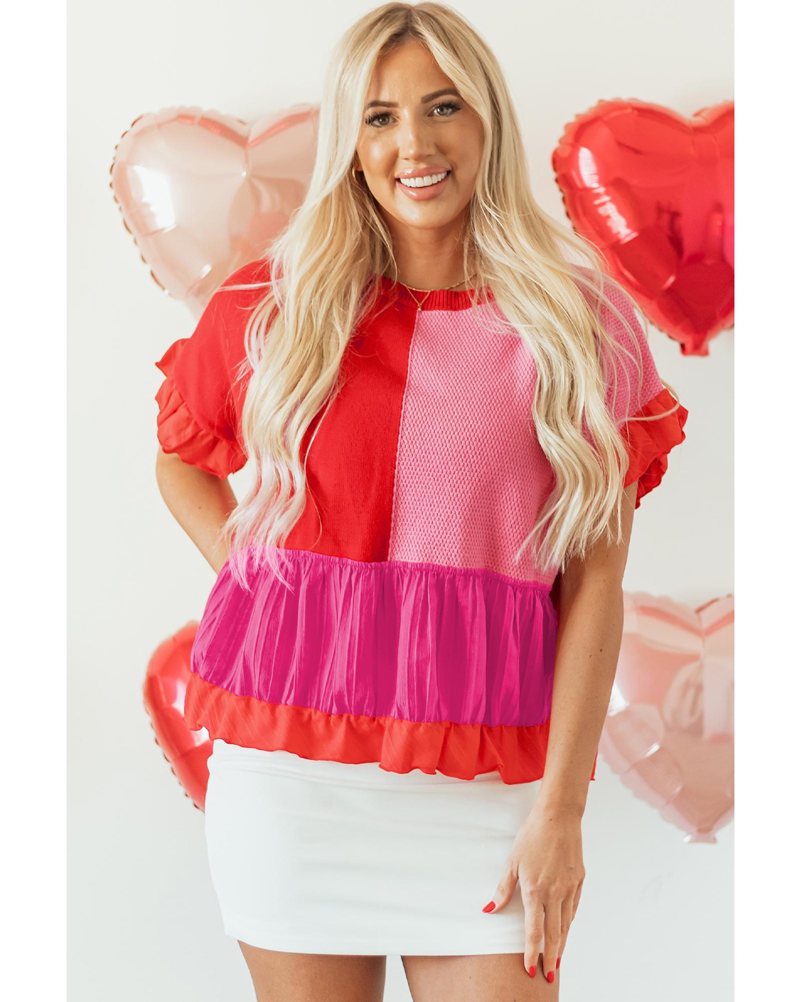 Tomato Red Mix Knitted Patchwork Ruffle Trim Loose Sweater - L