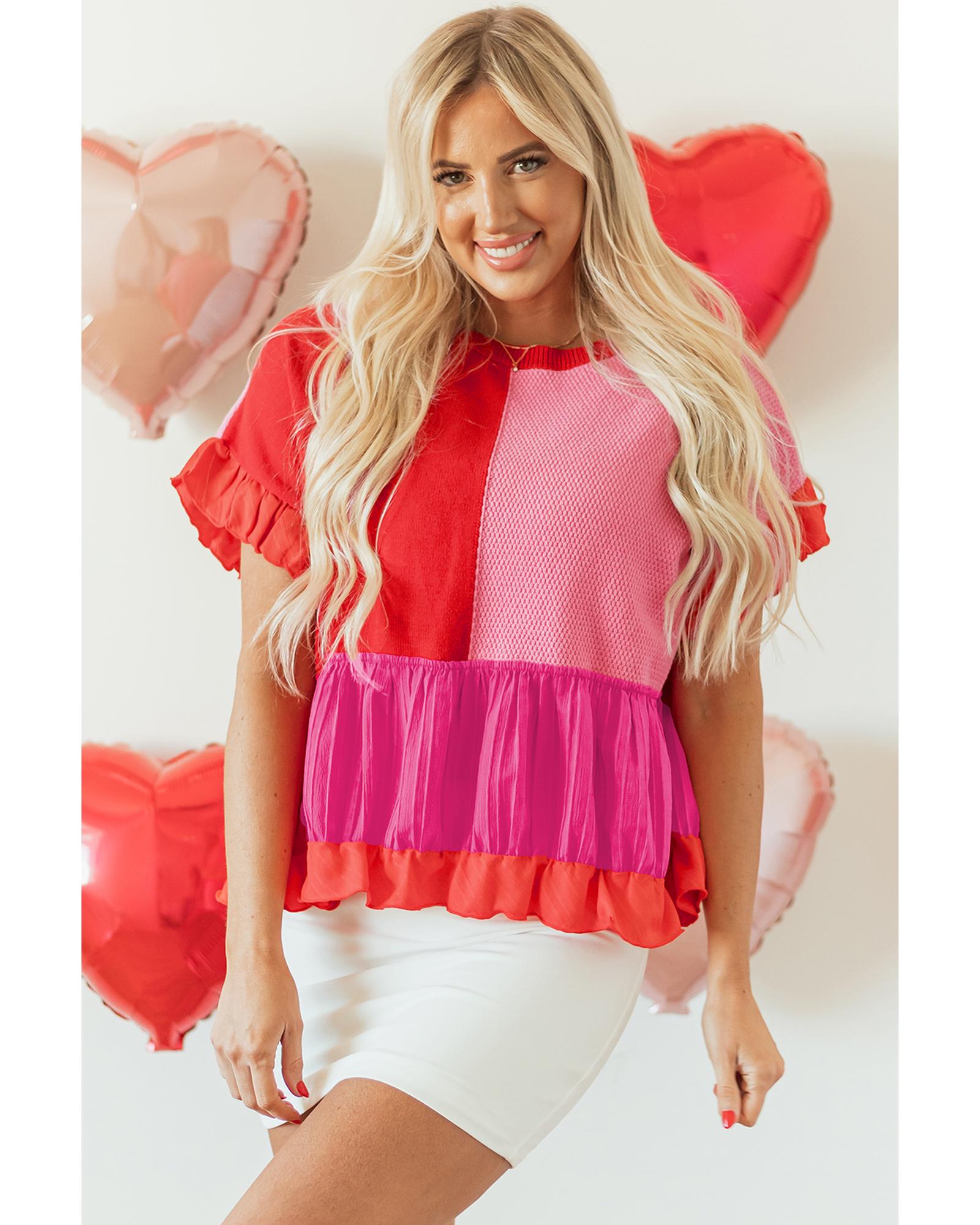 Tomato Red Mix Knitted Patchwork Ruffle Trim Loose Sweater - M