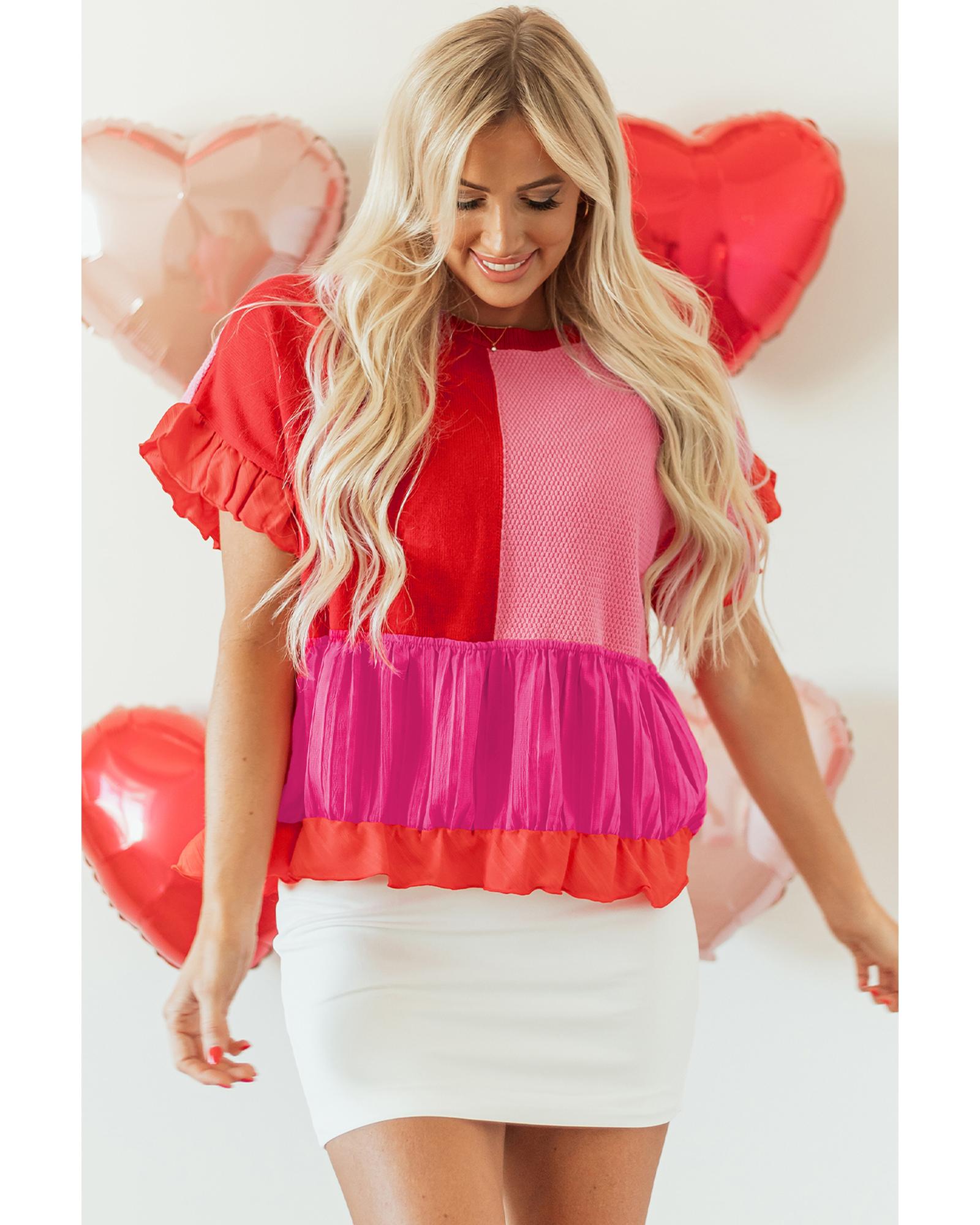 Tomato Red Mix Knitted Patchwork Ruffle Trim Loose Sweater - M