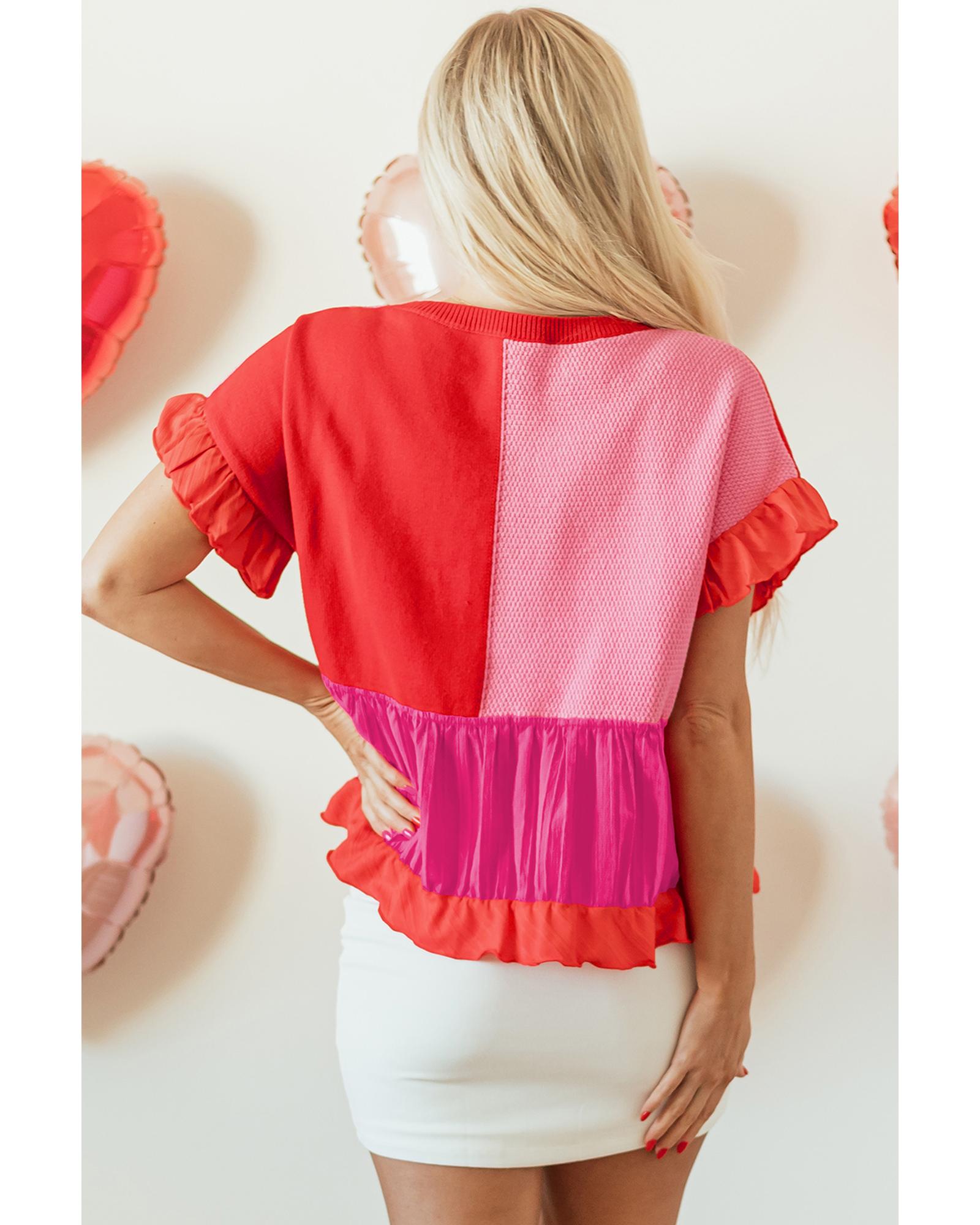 Tomato Red Mix Knitted Patchwork Ruffle Trim Loose Sweater - M