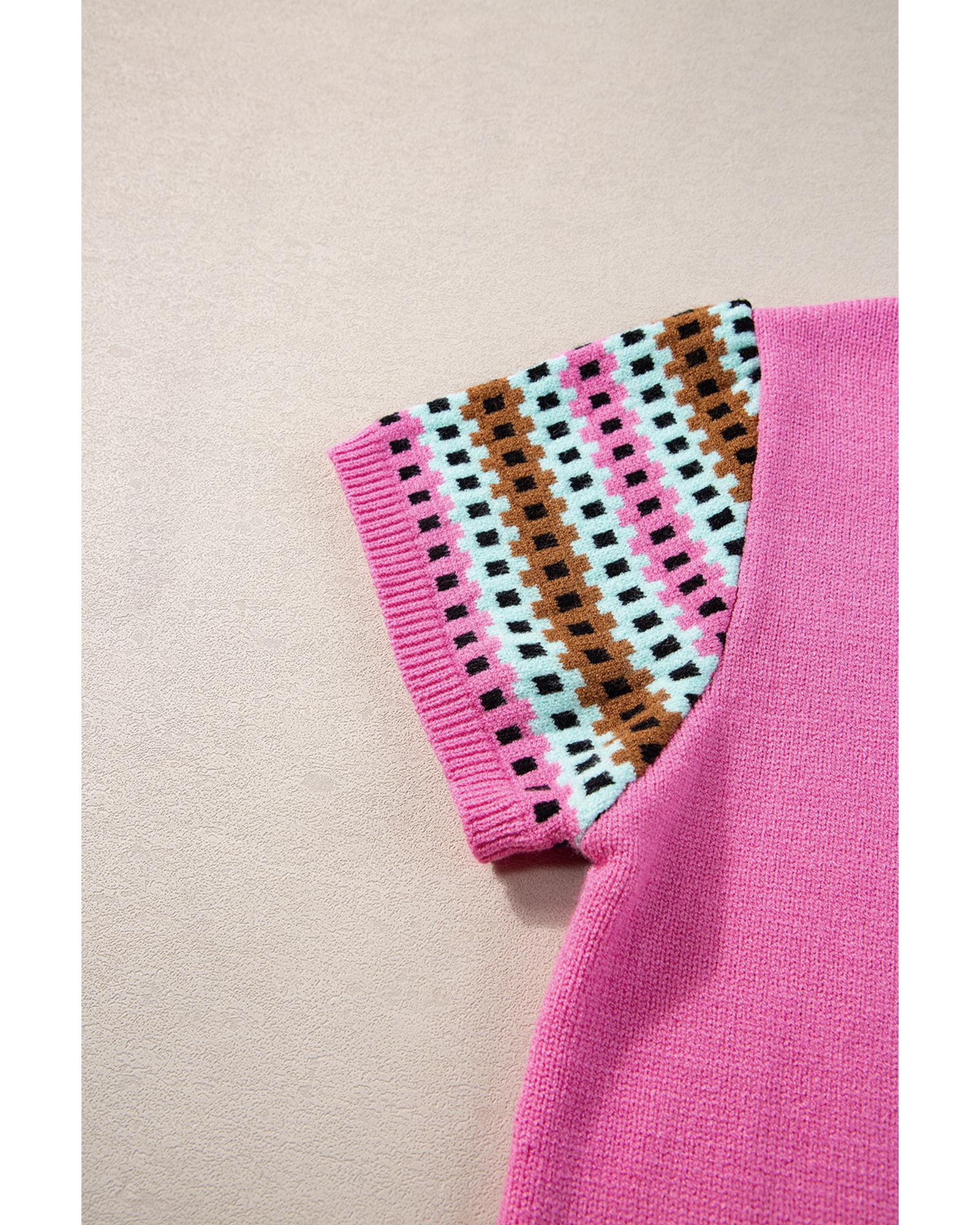 Bright Pink Contrast Printed Cap Sleeves Crewneck Sweater - L