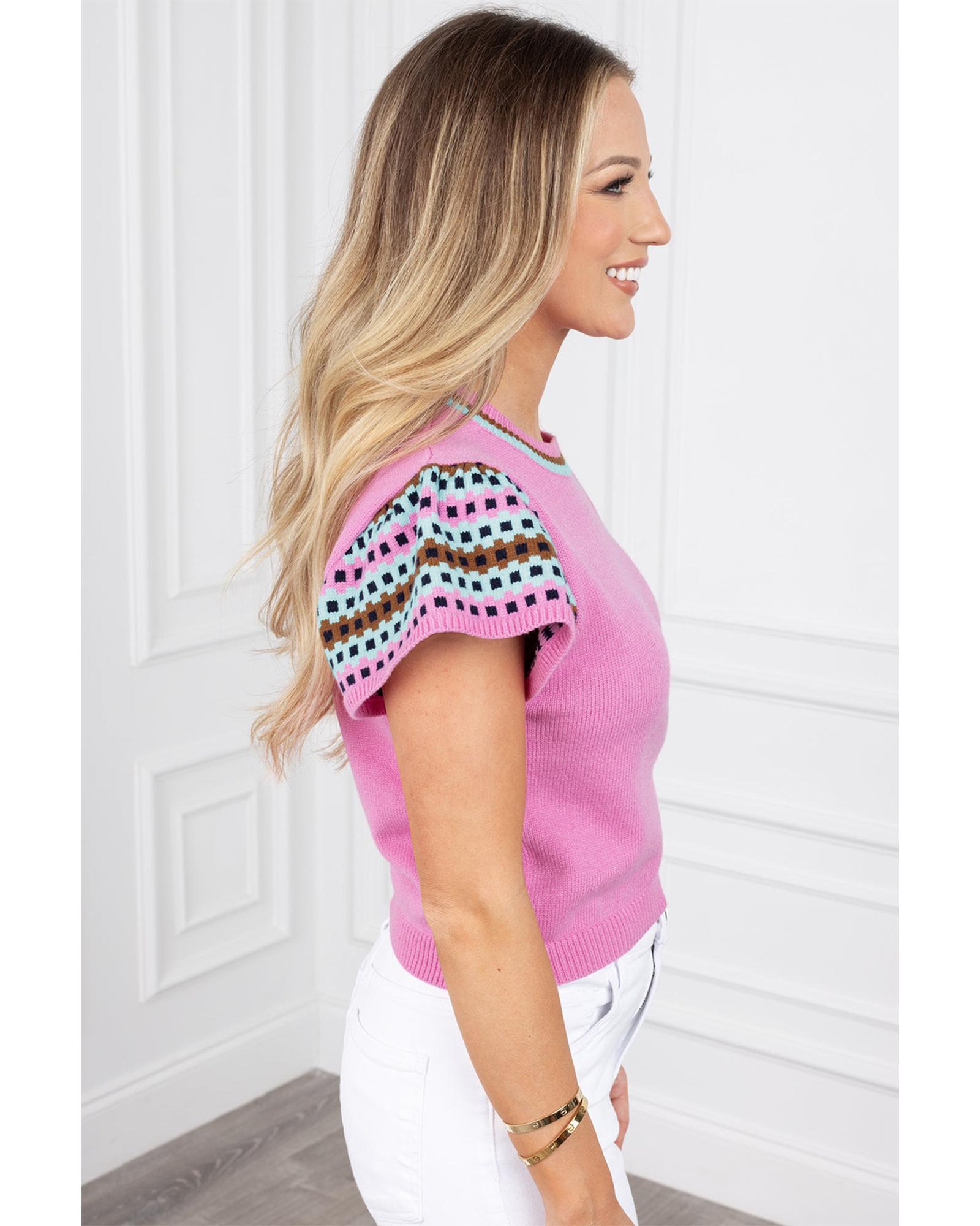 Bright Pink Contrast Printed Cap Sleeves Crewneck Sweater - L