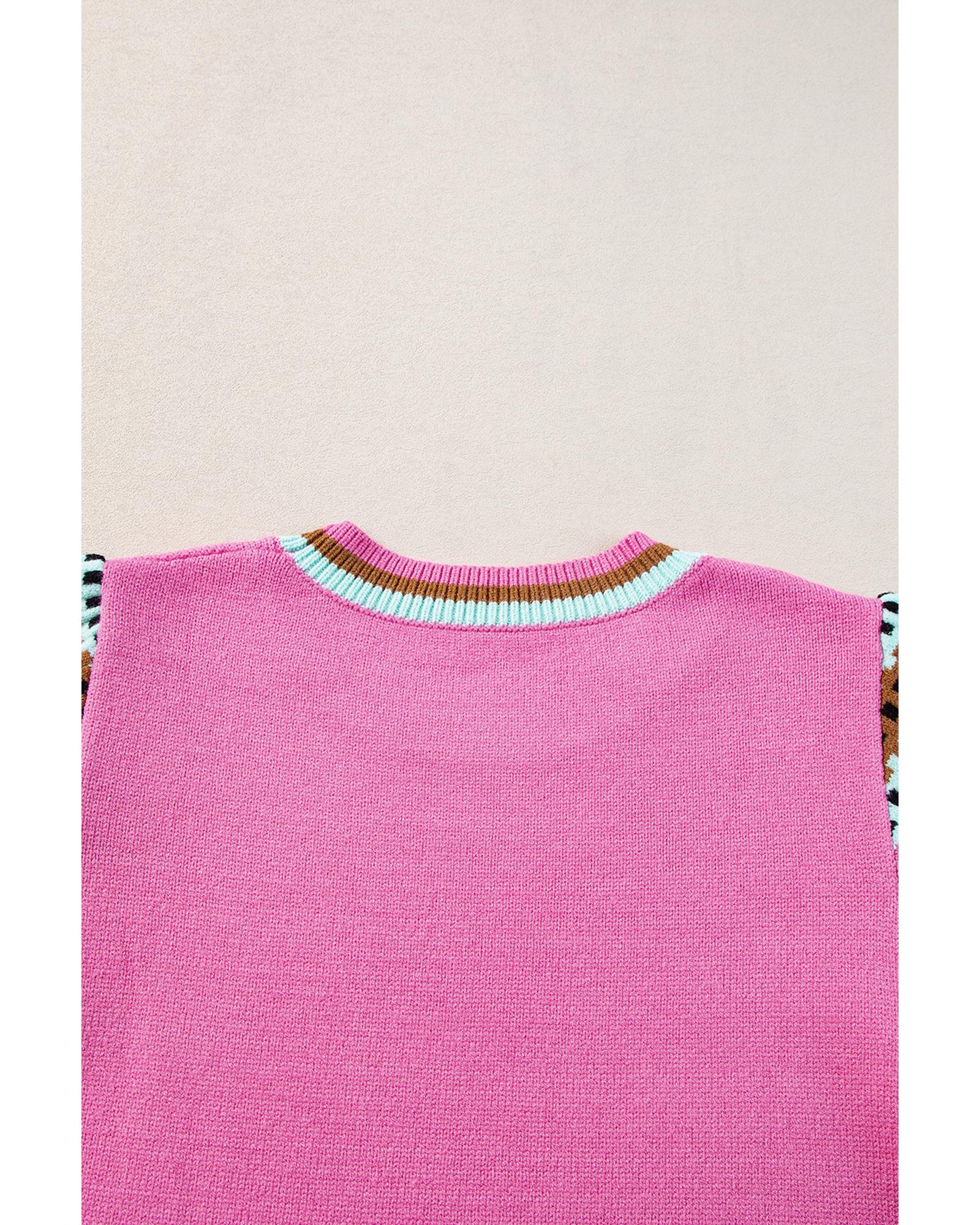 Bright Pink Contrast Printed Cap Sleeves Crewneck Sweater - L