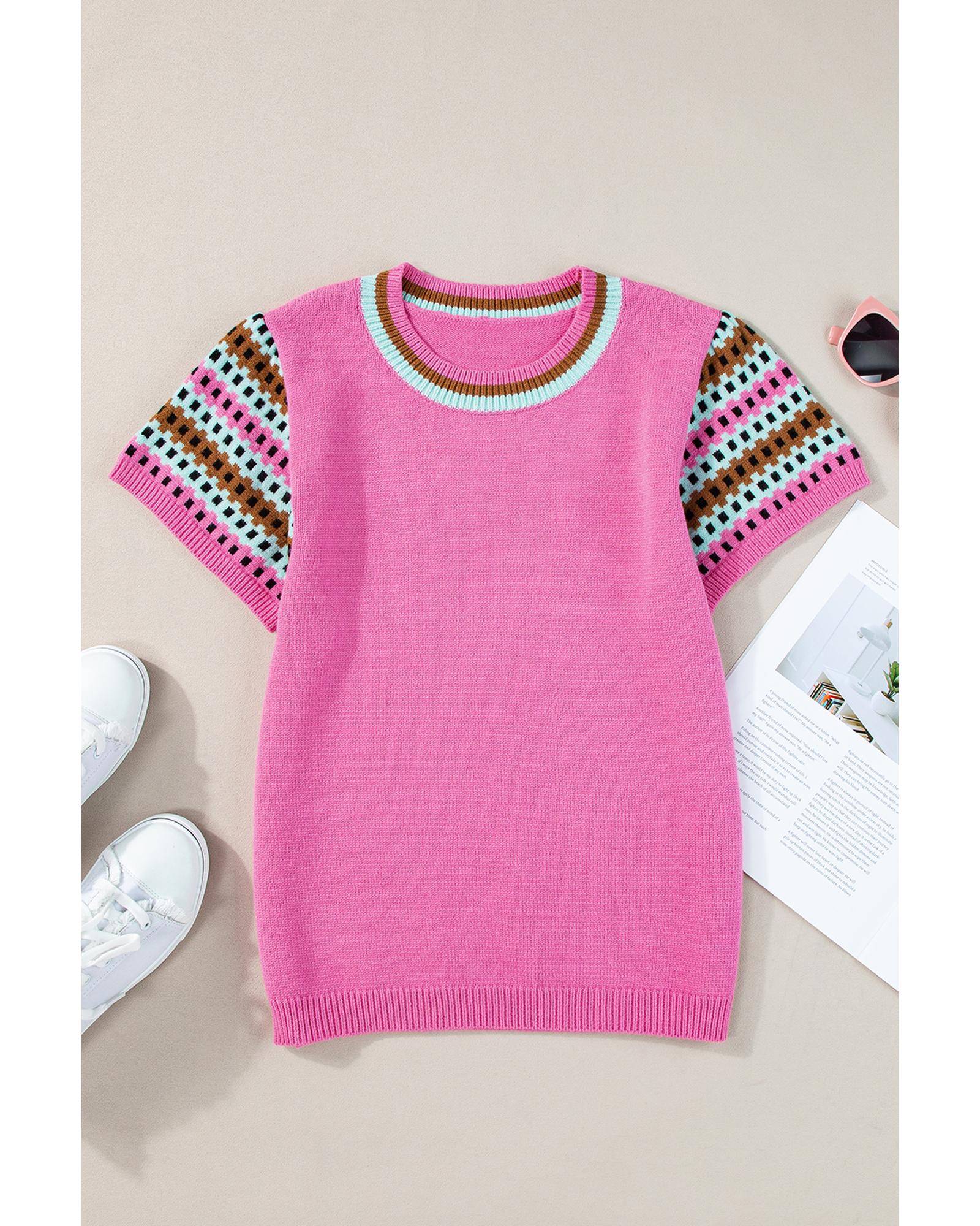 Bright Pink Contrast Printed Cap Sleeves Crewneck Sweater - L