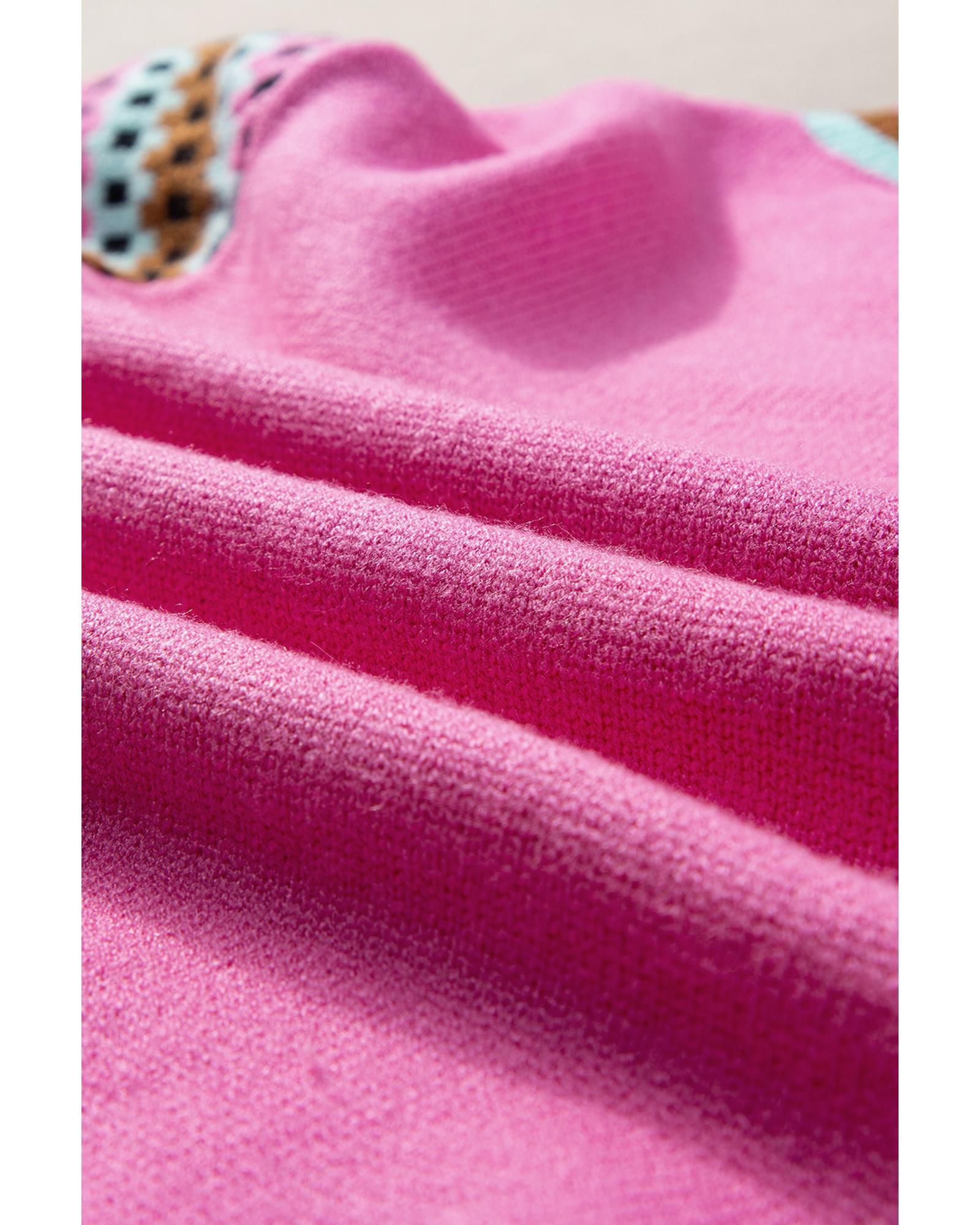 Bright Pink Contrast Printed Cap Sleeves Crewneck Sweater - M