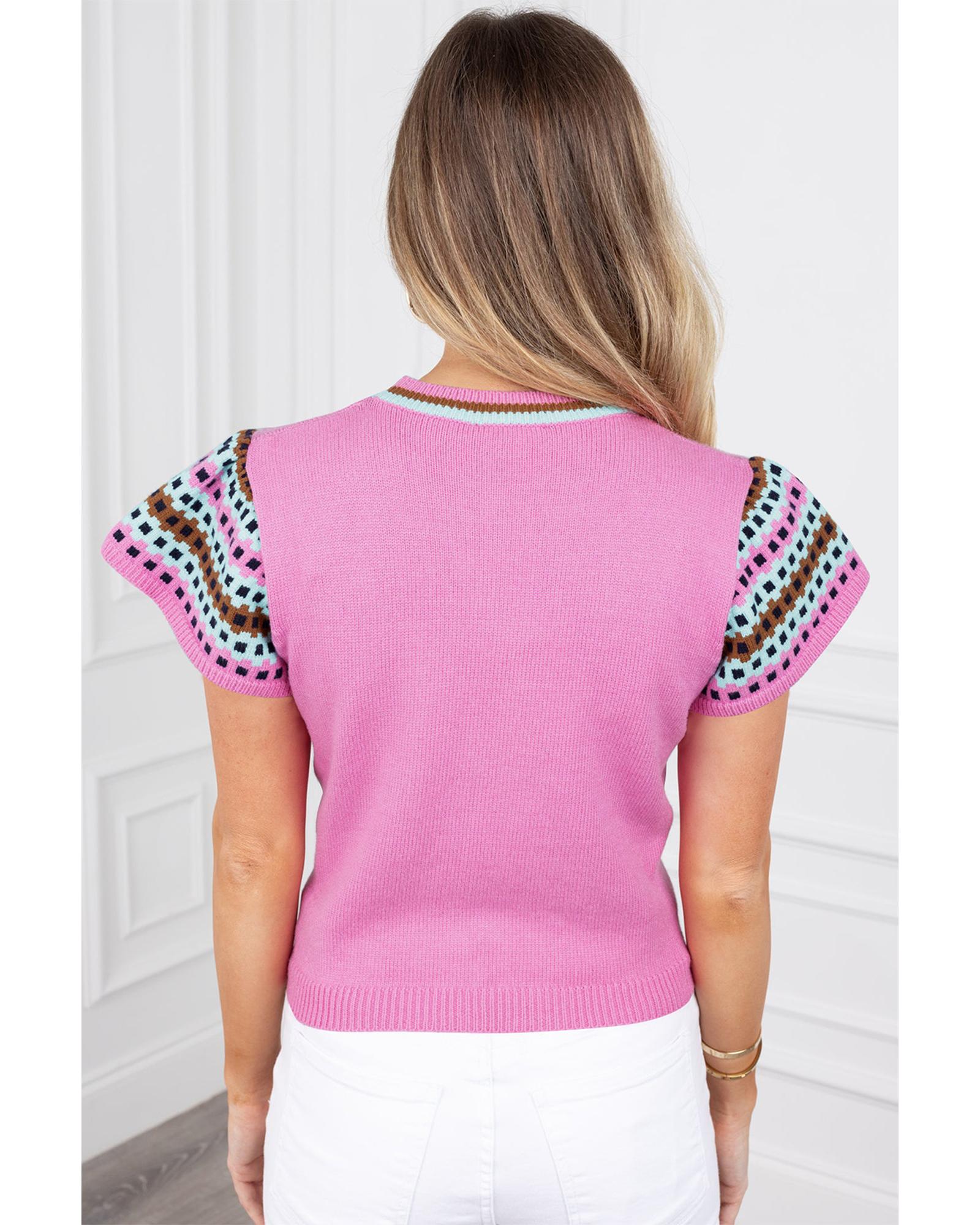 Bright Pink Contrast Printed Cap Sleeves Crewneck Sweater - M