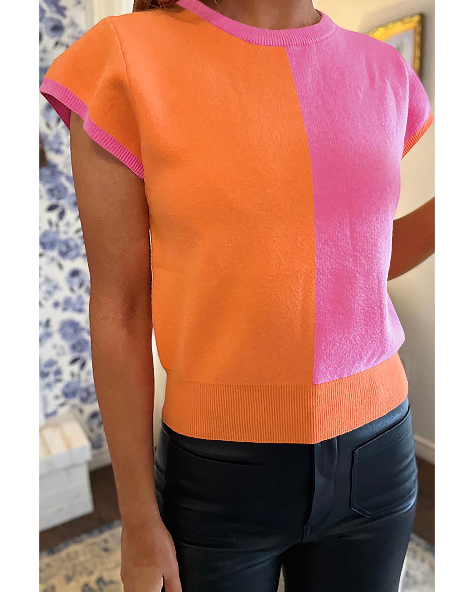 Flamingo 2-tone Color Block Knit Cap Sleeve Sweater Top - L