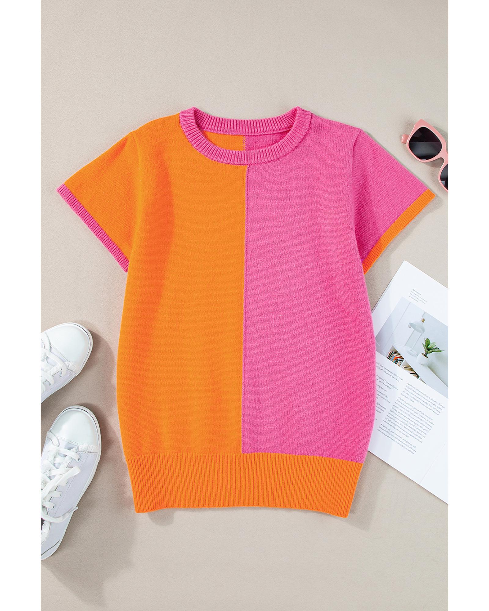 Flamingo 2-tone Color Block Knit Cap Sleeve Sweater Top - S