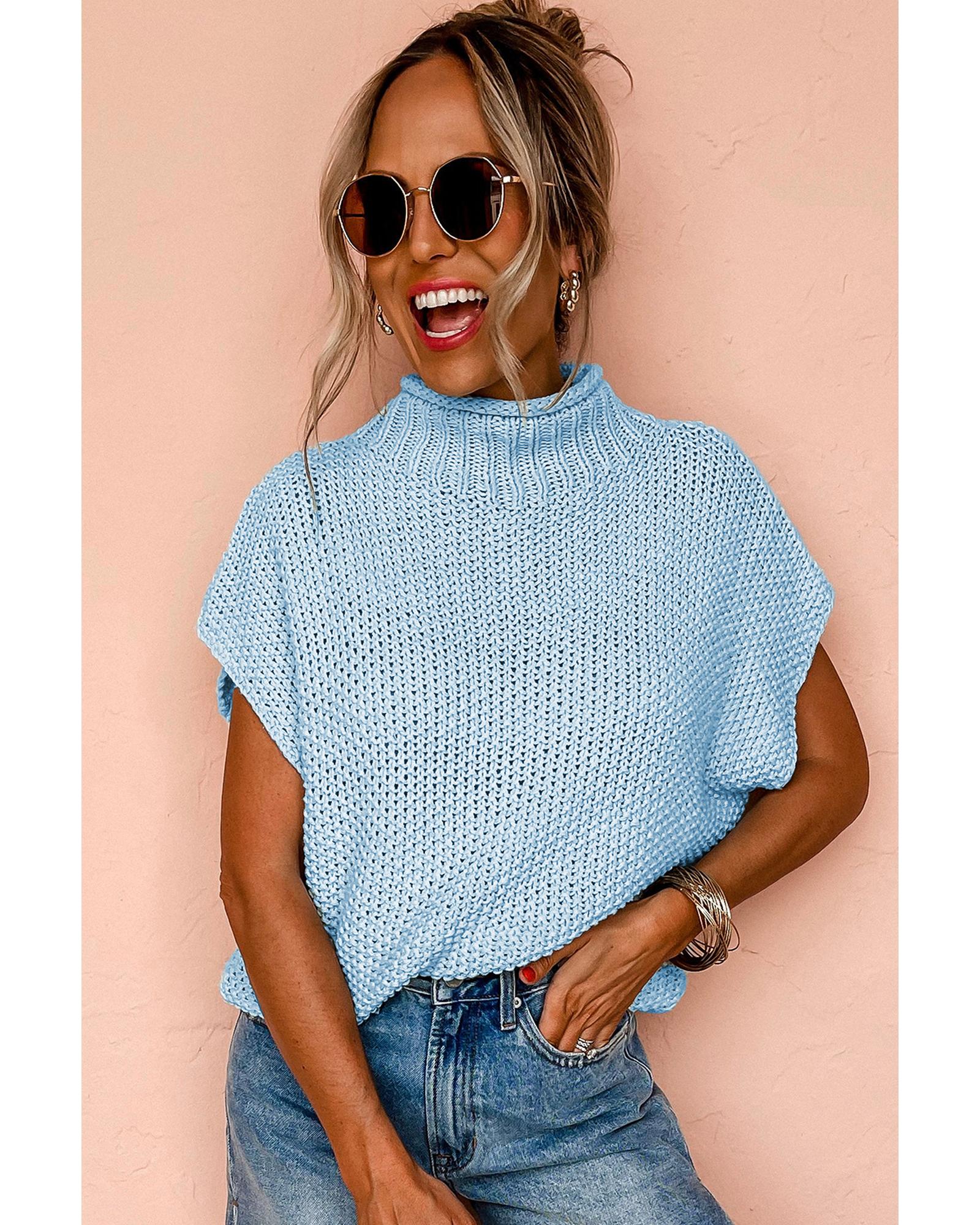 Iceland Blue High Neck Bat Short Sleeve Sweater - L
