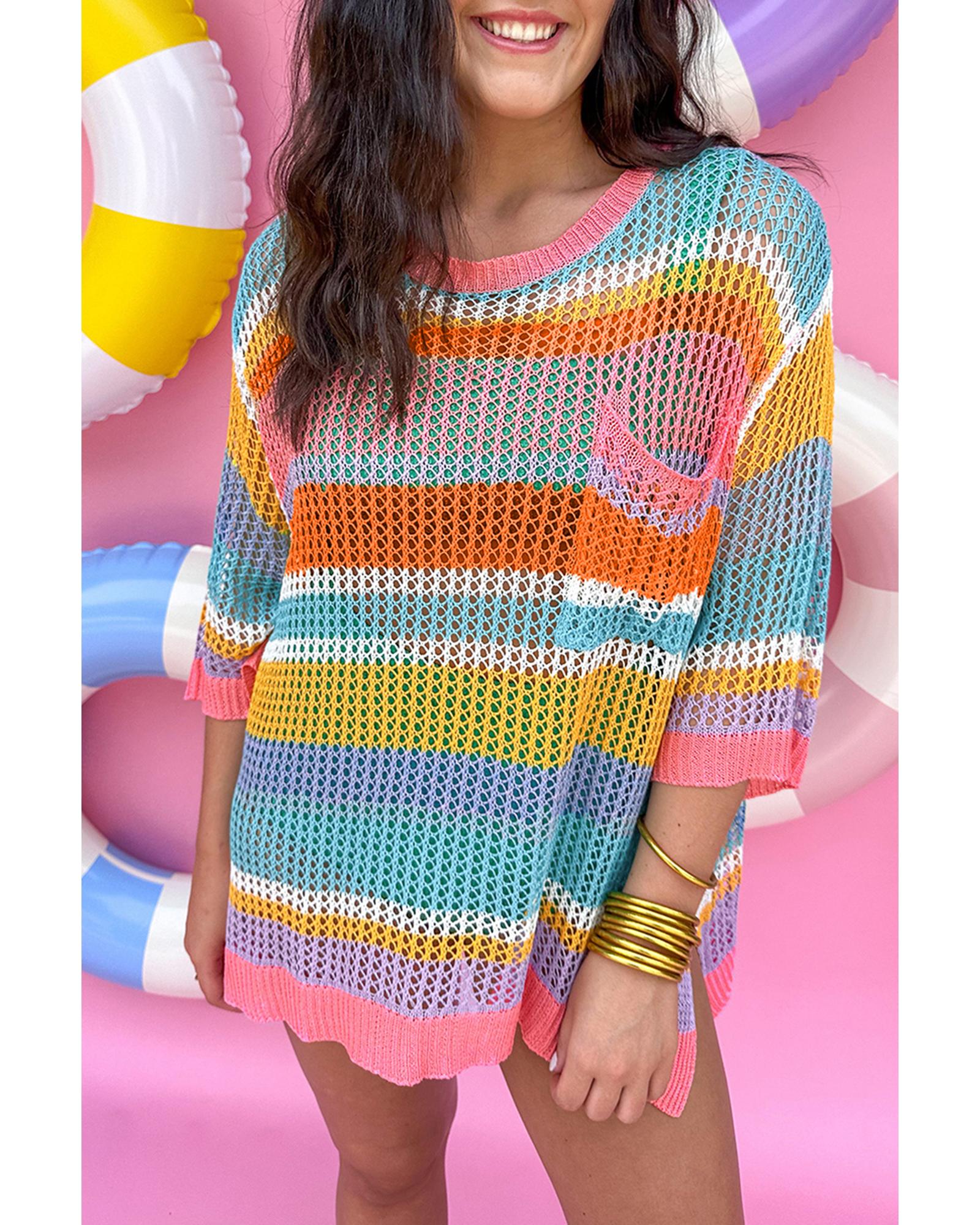Pink Stripe Colorblock Hollowed Crochet 3/4 Sleeve Sweater - L