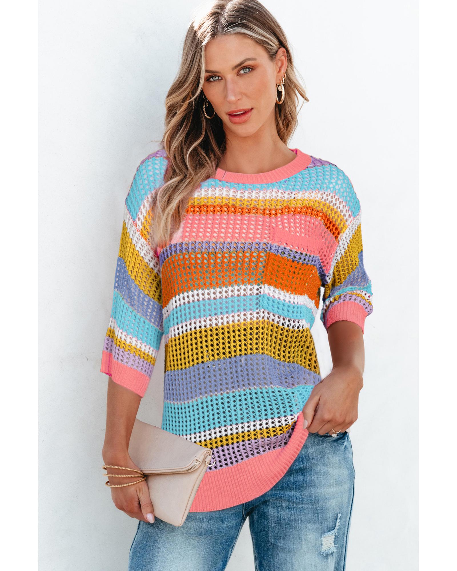Pink Stripe Colorblock Hollowed Crochet 3/4 Sleeve Sweater - L