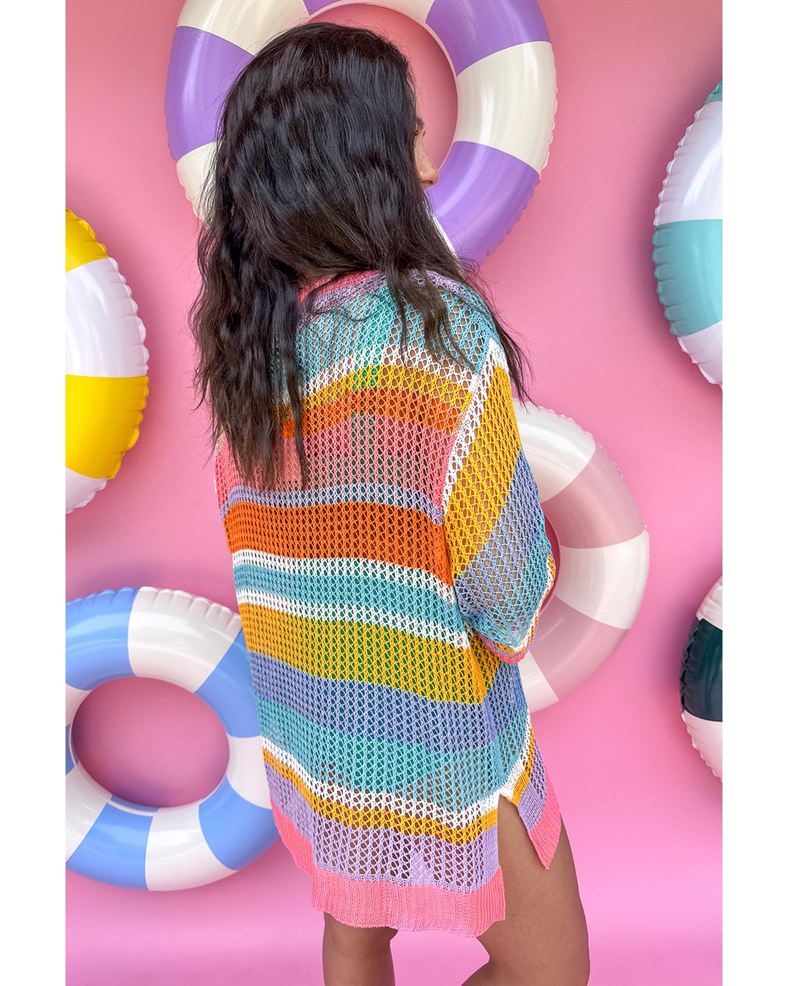 Pink Stripe Colorblock Hollowed Crochet 3/4 Sleeve Sweater - M