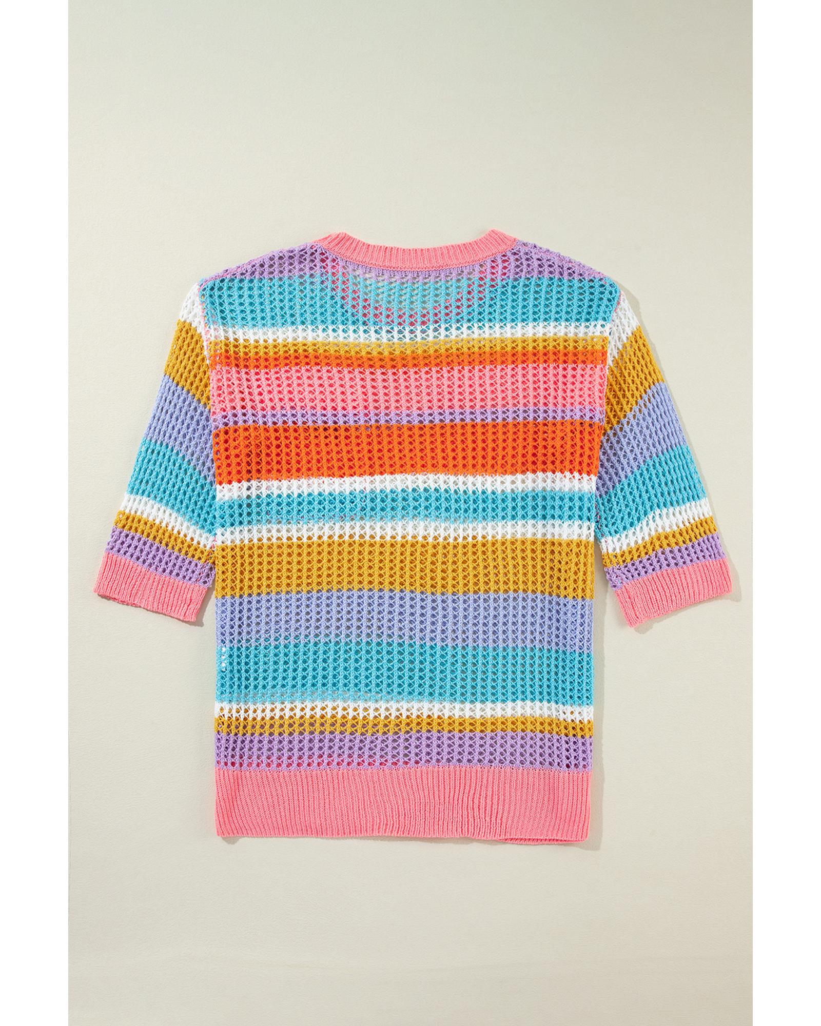 Pink Stripe Colorblock Hollowed Crochet 3/4 Sleeve Sweater - M