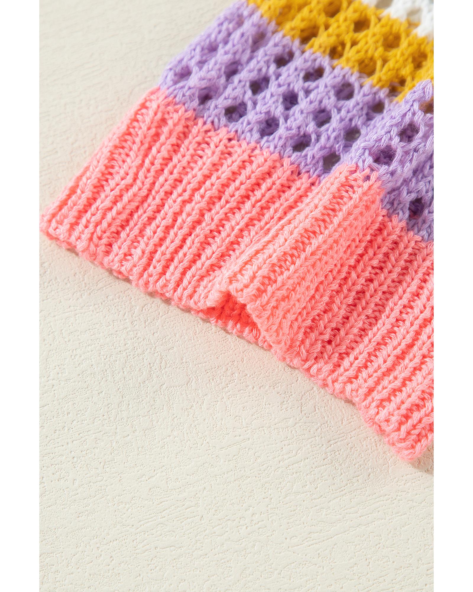 Pink Stripe Colorblock Hollowed Crochet 3/4 Sleeve Sweater - M