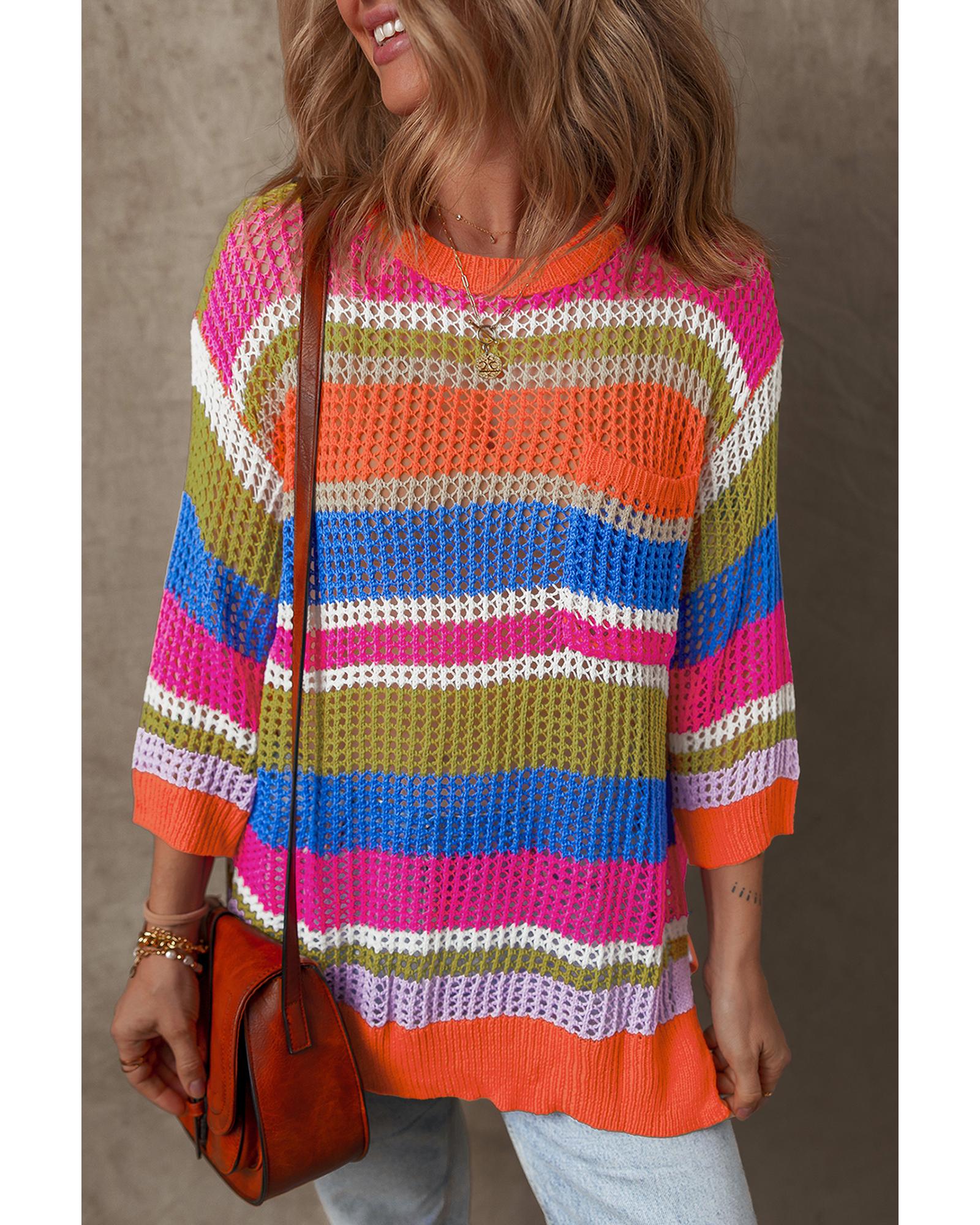 Orange Stripe Colorblock Hollowed Crochet 3/4 Sleeve Sweater - L