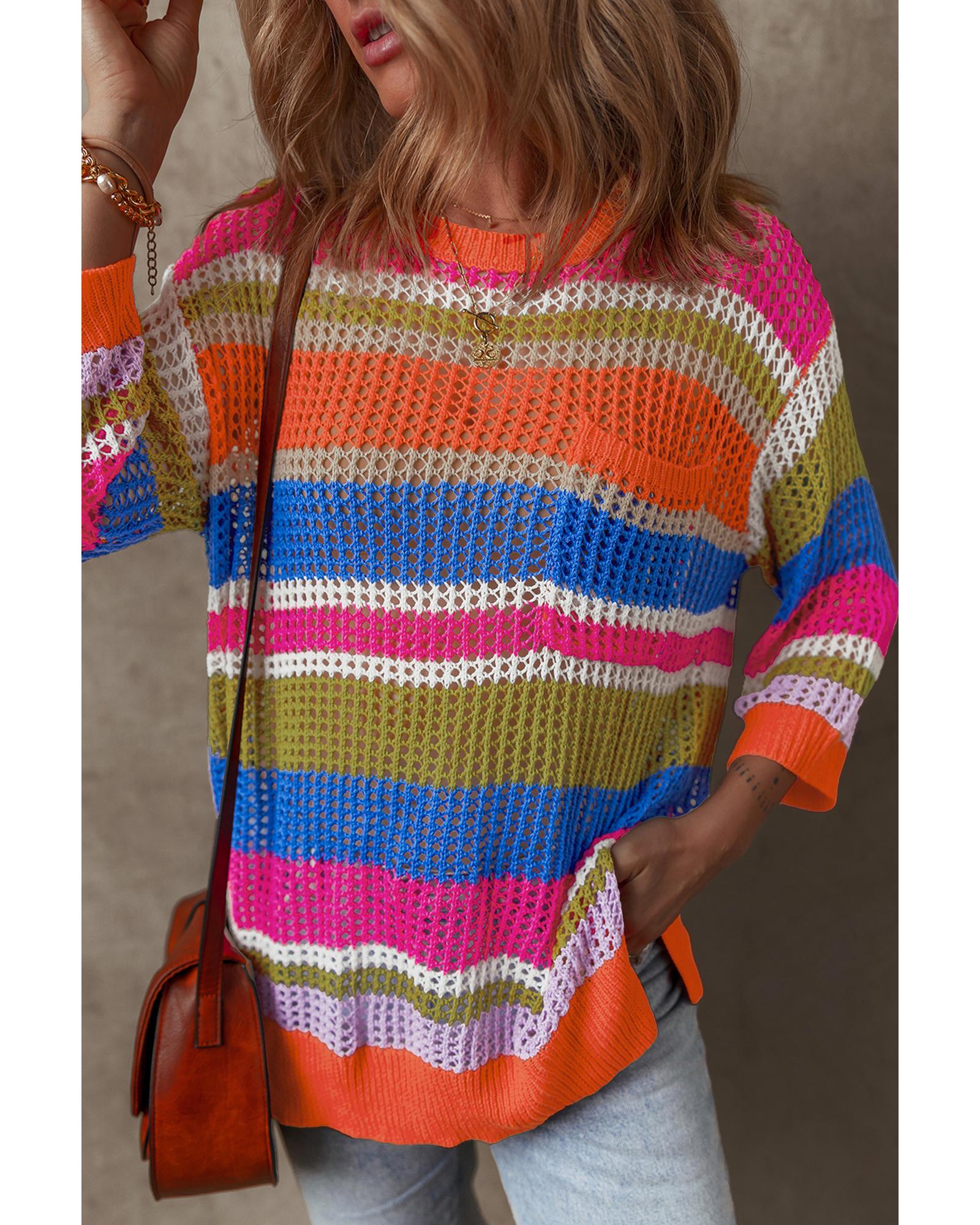 Orange Stripe Colorblock Hollowed Crochet 3/4 Sleeve Sweater - M