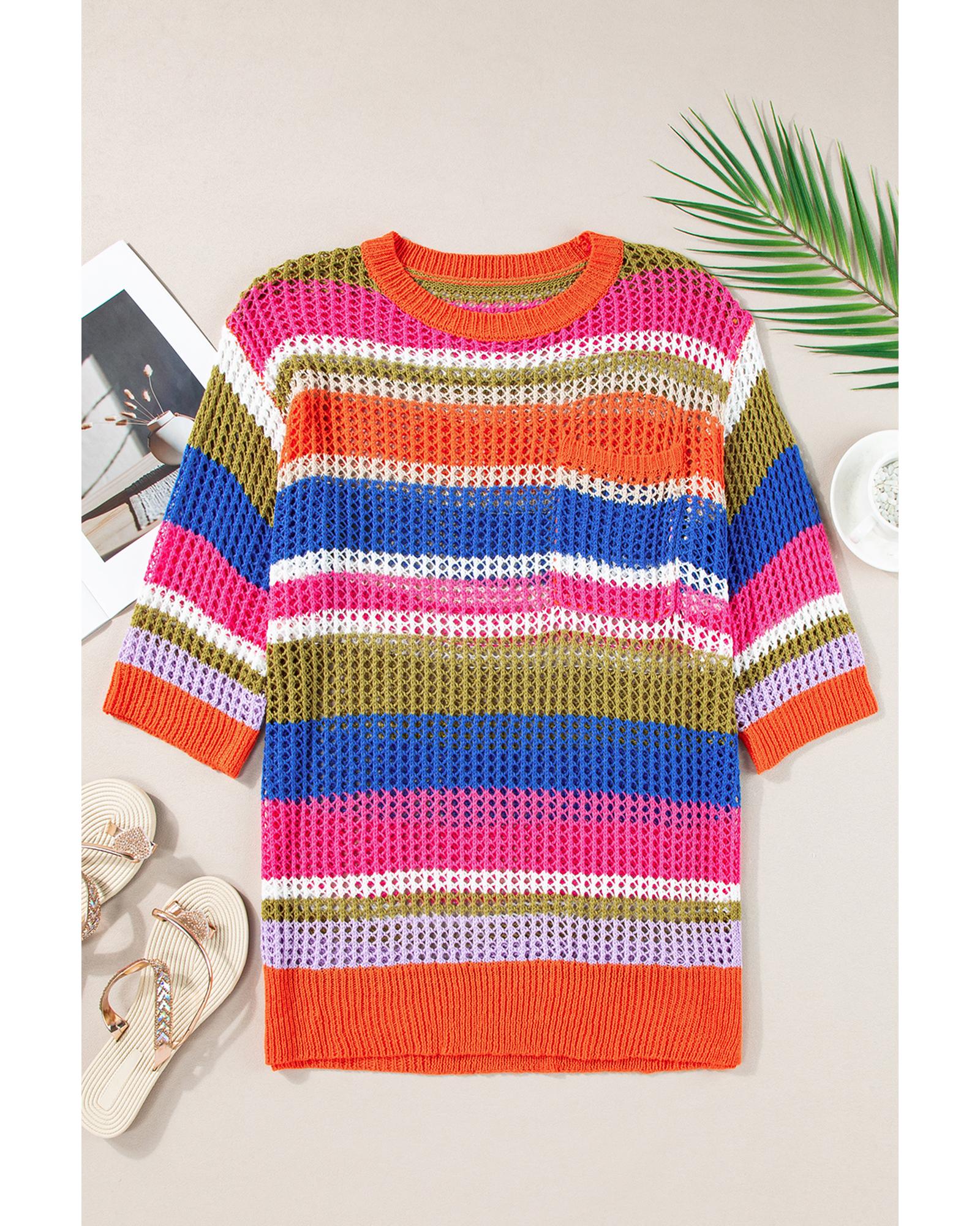 Orange Stripe Colorblock Hollowed Crochet 3/4 Sleeve Sweater - M